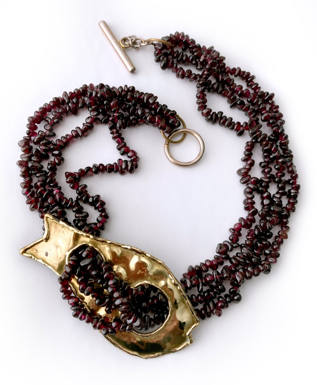 One-of-a-kind Natural Garnet Bead Necklace with Hammered Brass Fish Accent