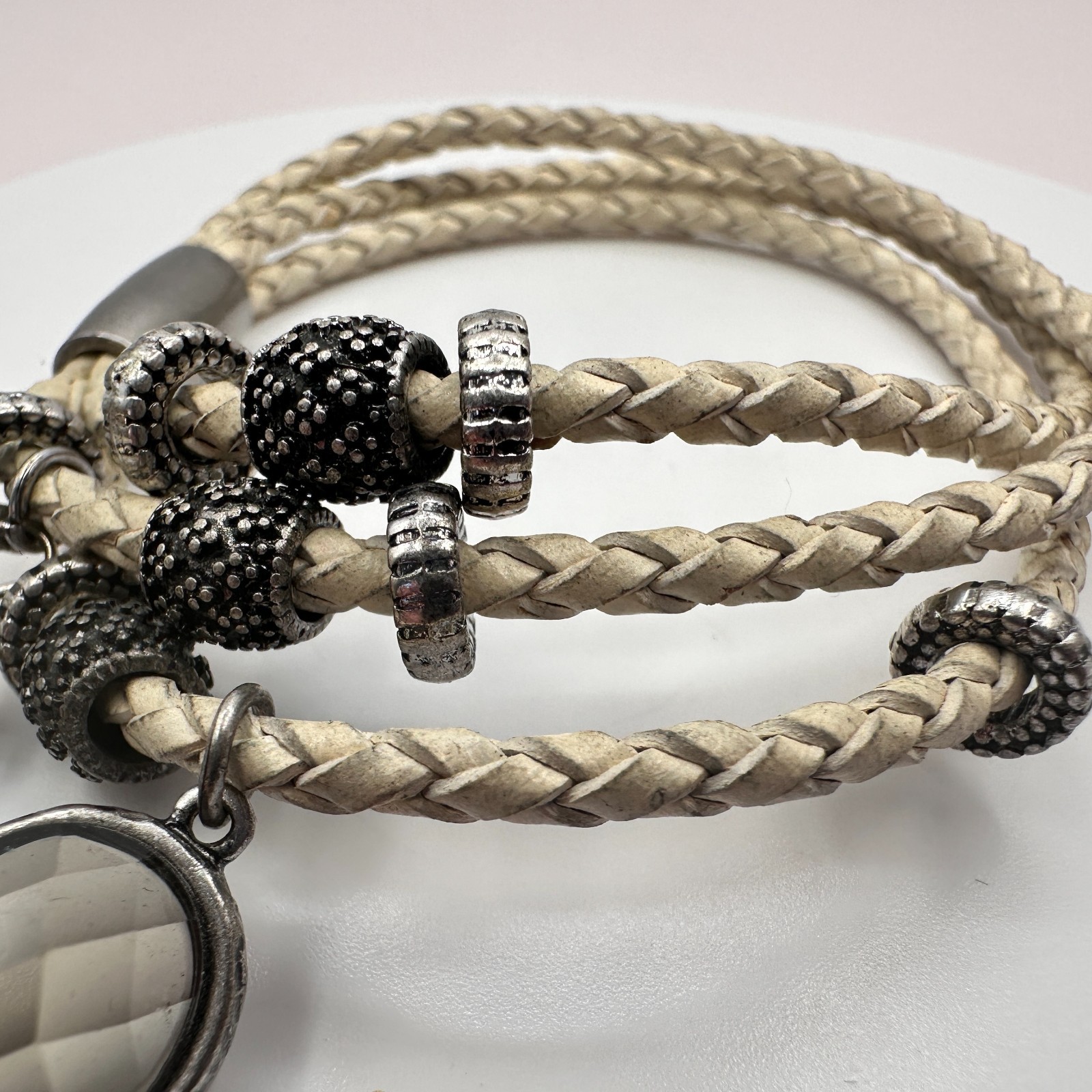 VTG Gunmetal Beige Leather Multi Strand Wrap Bracelet Tassel Charm Druzy Beads