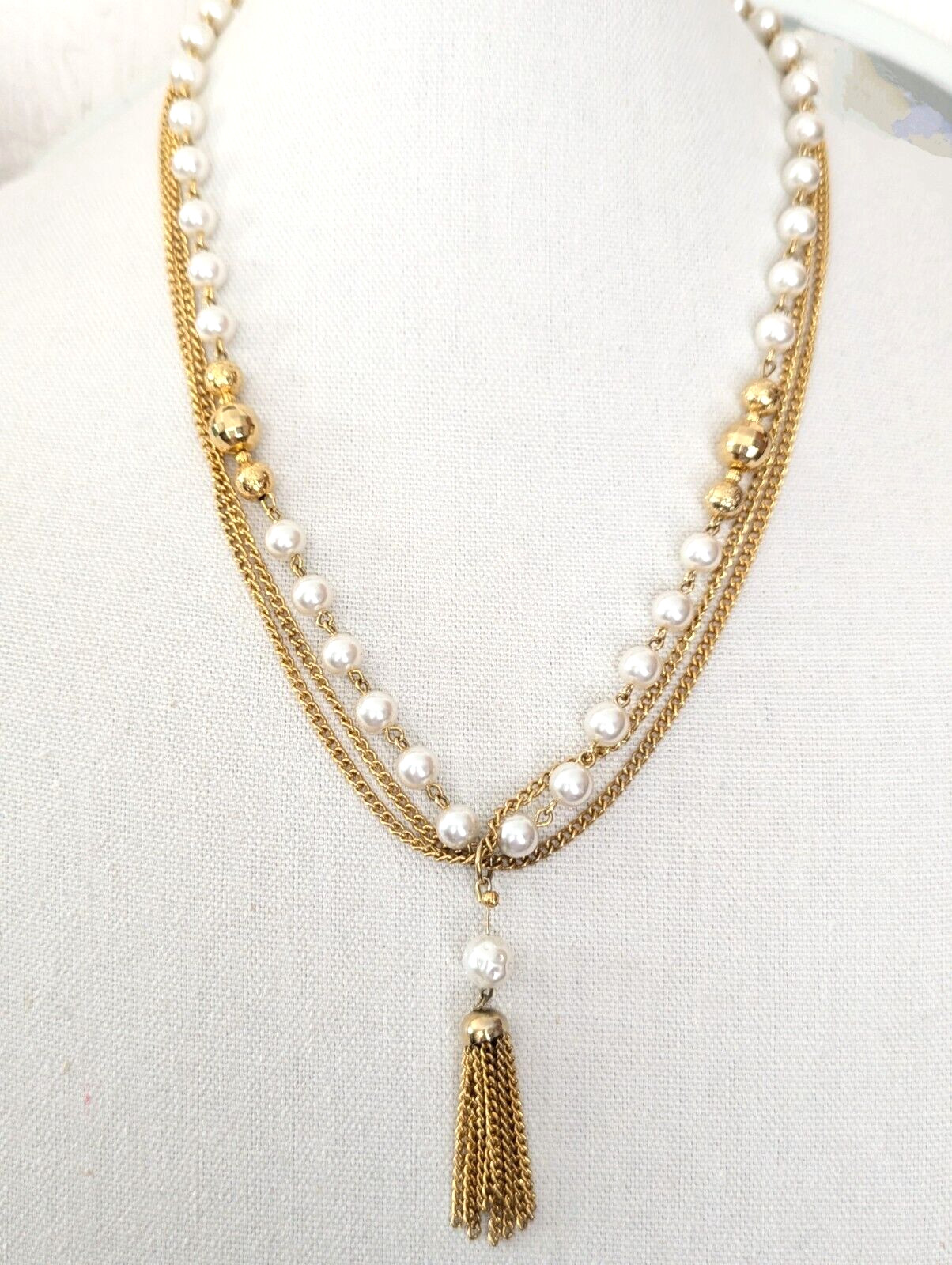 Long Tassel Fringe Necklace Faux Pearl Multi Chain Layered Bold Vintage Jewelry