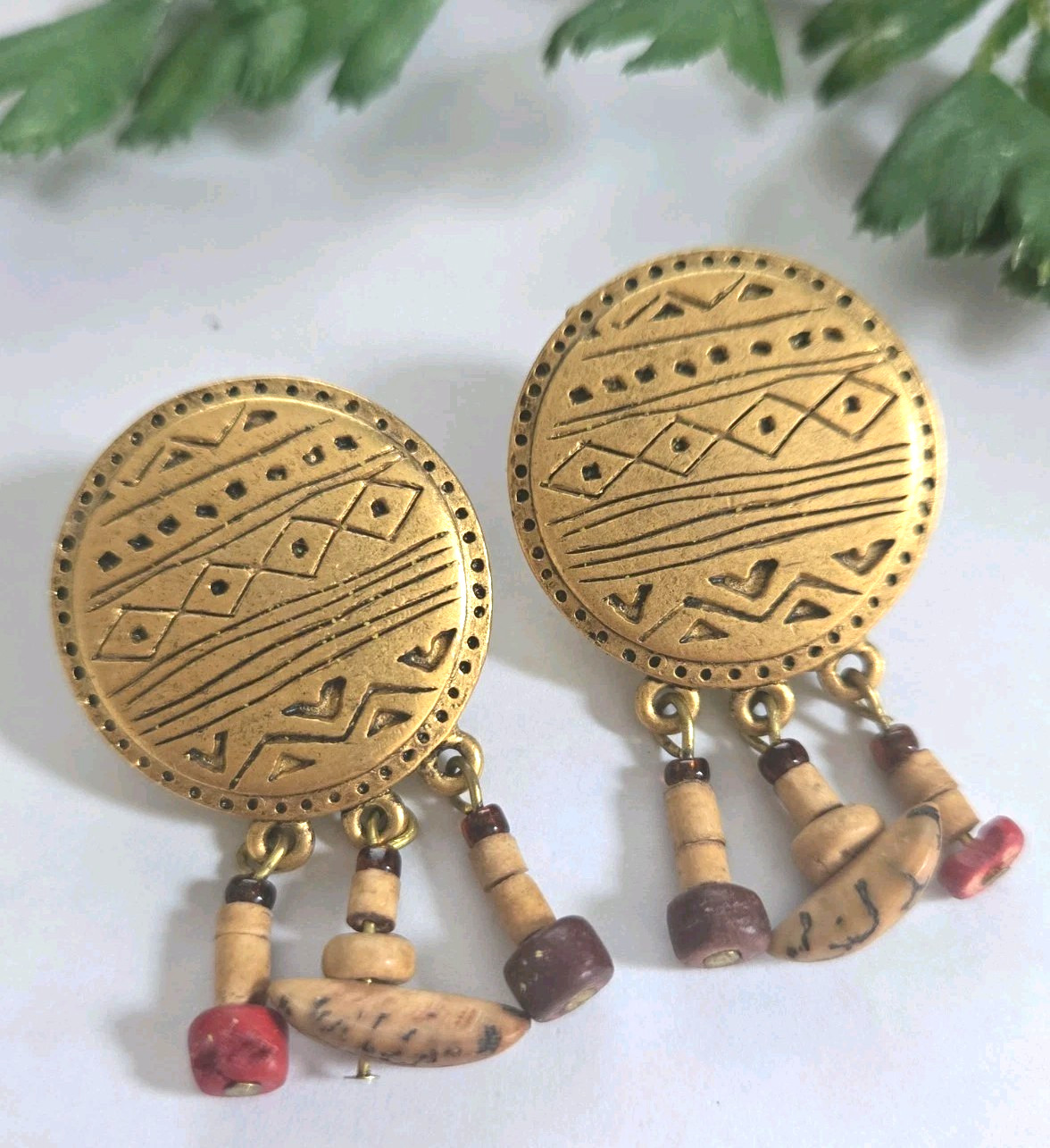 Vintage Disney Brass Lion King Tribal Symbol etched Round Beaded Earrings