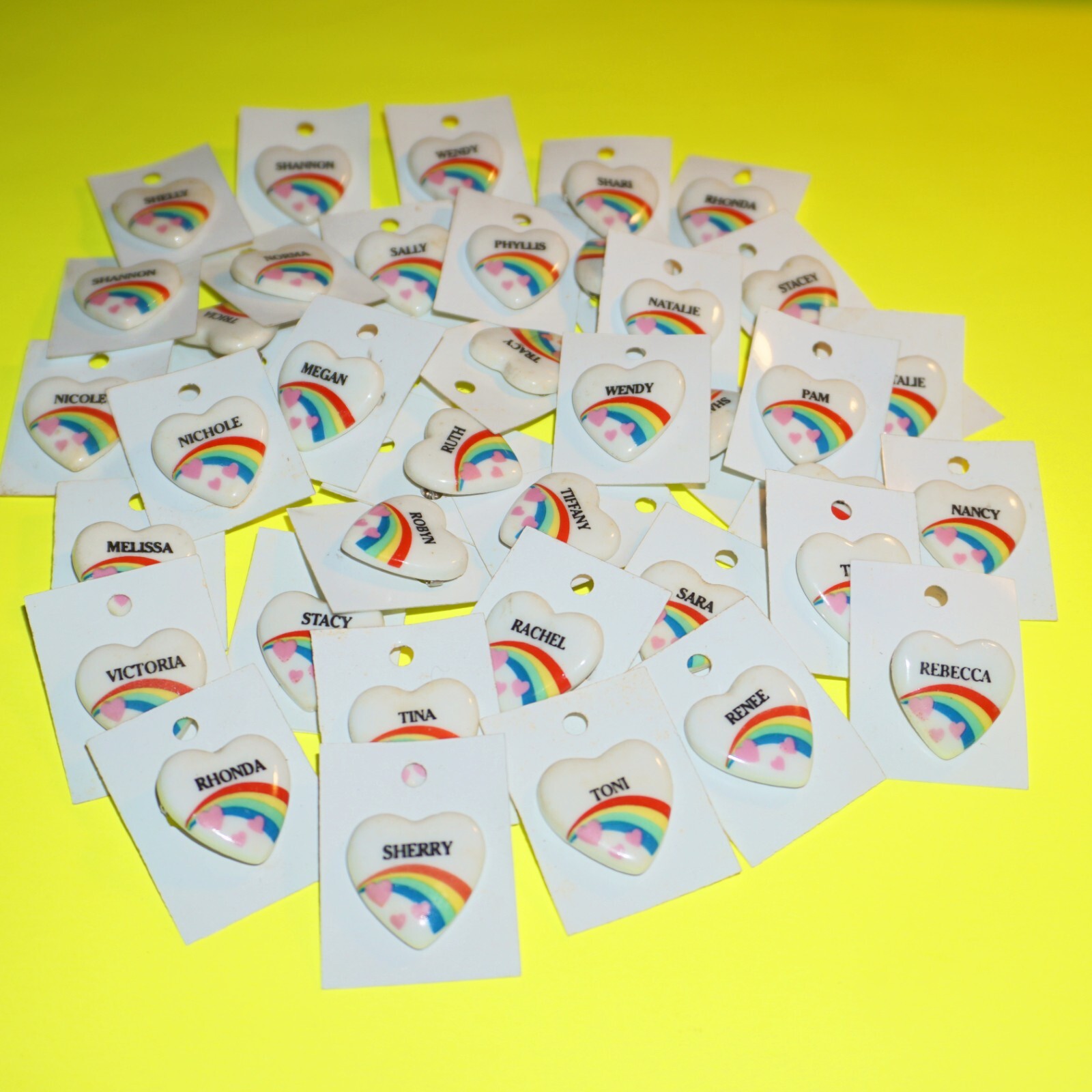 Rainbow Heart Pins on White Vintage 80’s Pick Name Retro Girls Names Hat Bag Etc