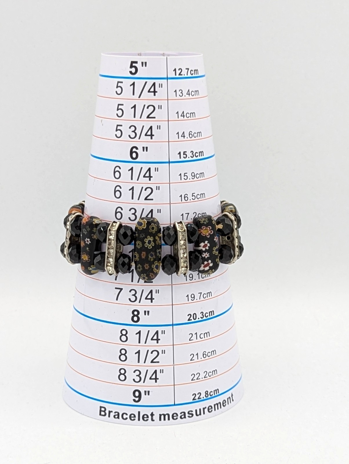 Vintage Millefiori Bracelet Beaded Stretch Clear Rhinestones Black Faceted Beads