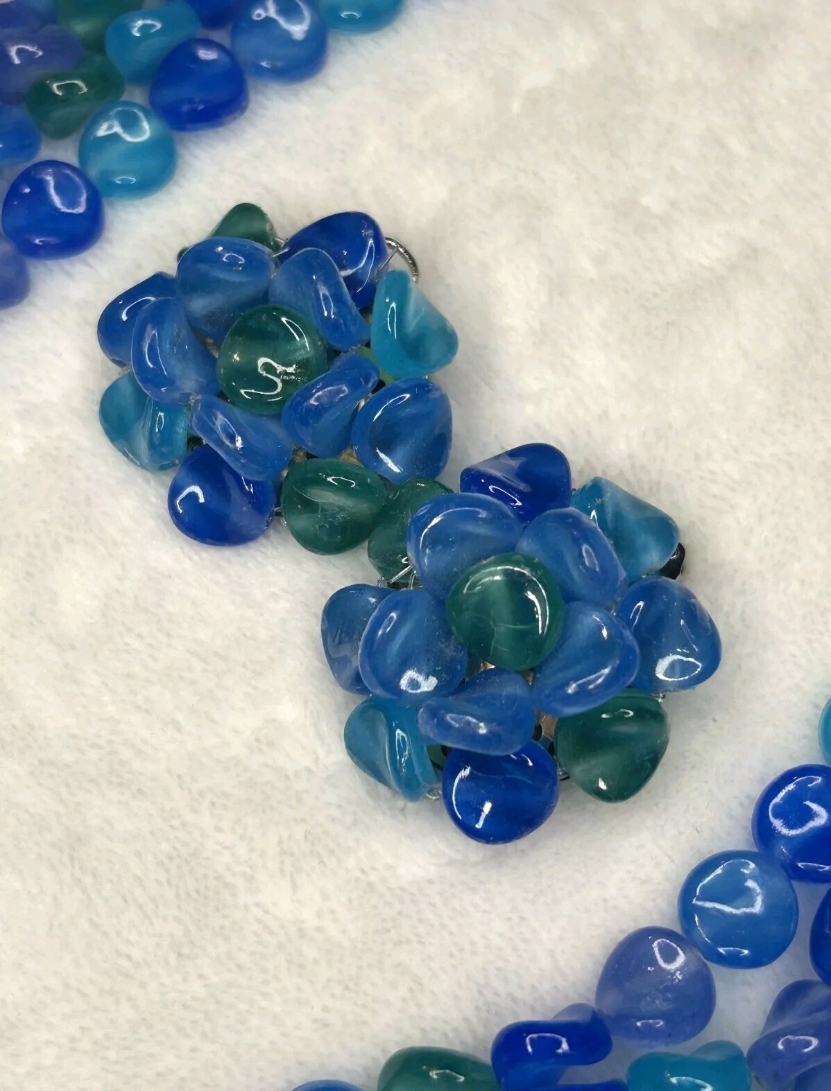 MCM Necklace And Earrings Blue And Green Clustered Lucite Clip Ons Vintage