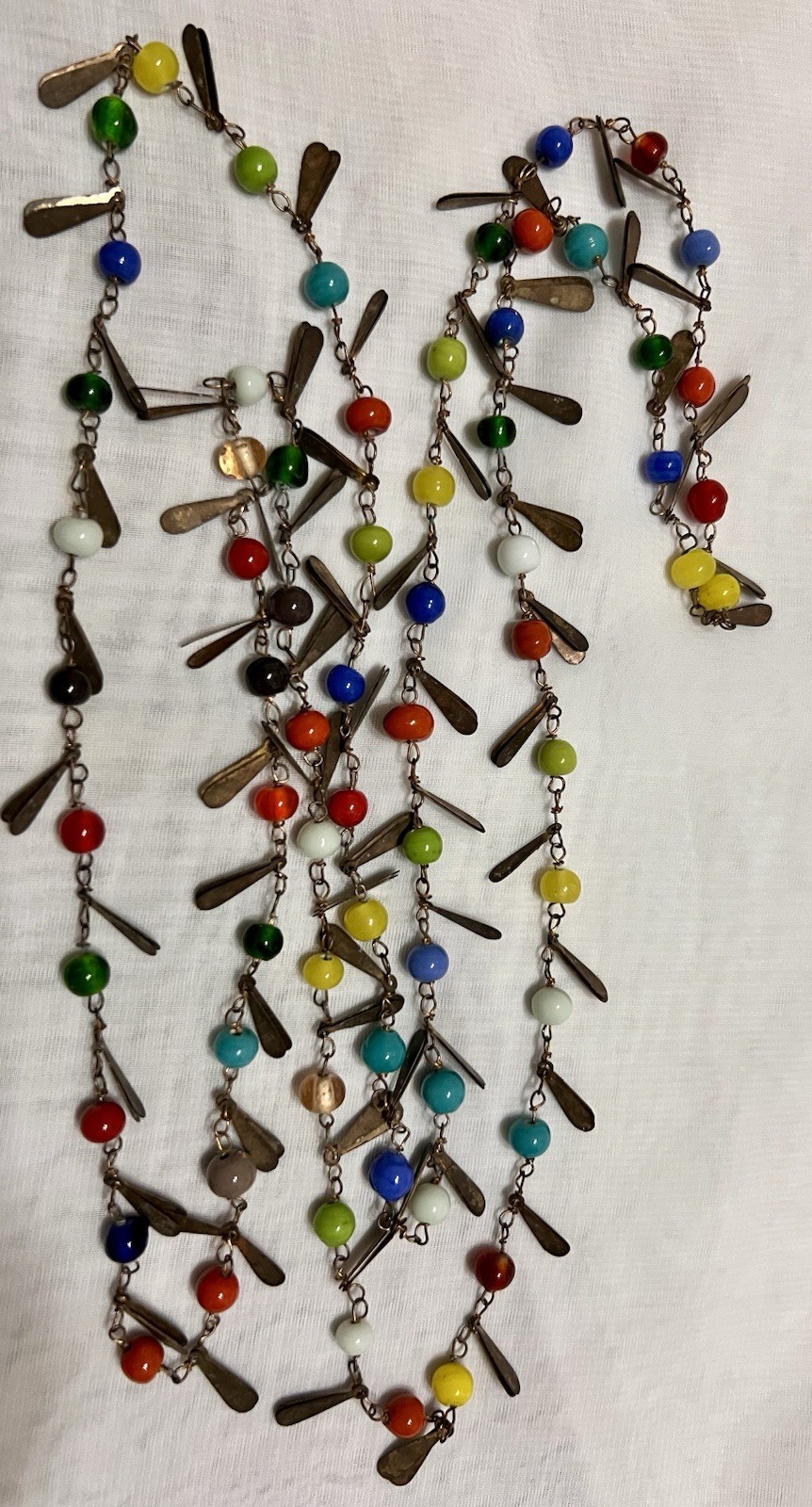 CZECH Flapper Length 54″ ART GLASS BEAD & TEARDROP METAL TAG Necklace VINTAGE