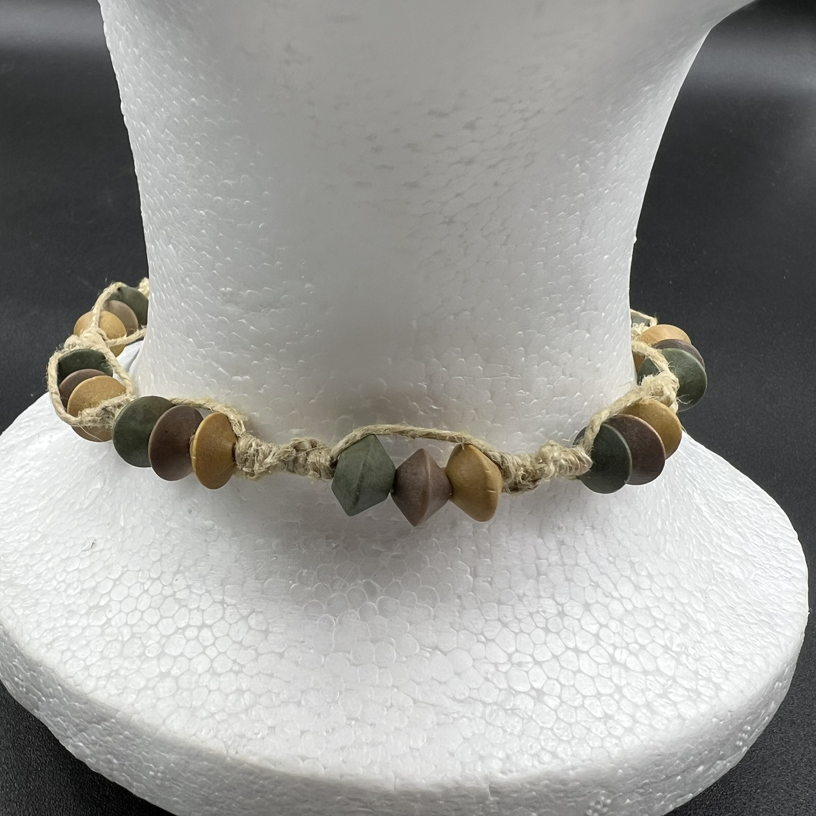 Retro Y2K 16” Neutral Colors Wood Beaded Twine ~ Hemp Choker Necklace ~ Hippie