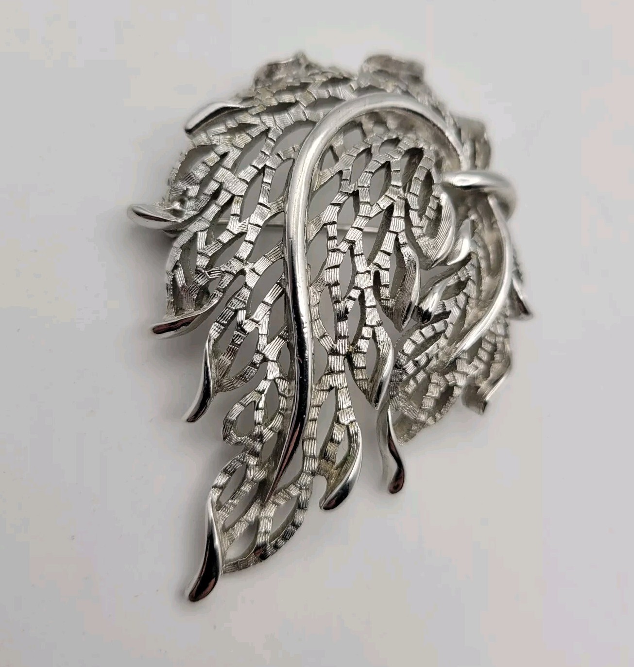 Vintage Crown Trifari Brooch Silver Tone Nature Leaf Swag Matte Polished Signed