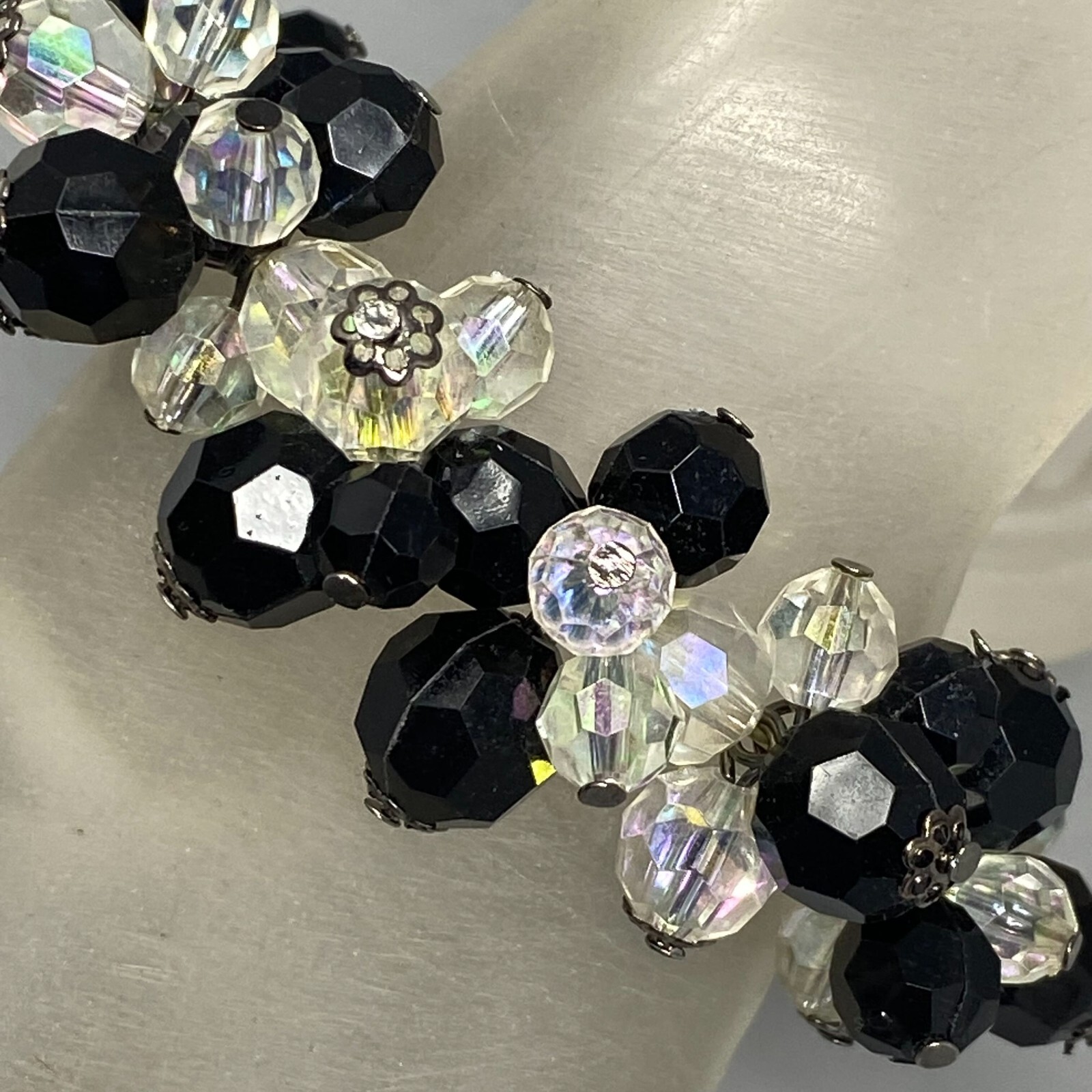 Bead Cluster Bracelet Black Clear Aurora Borealis Acrylic Faceted Stretch 7″
