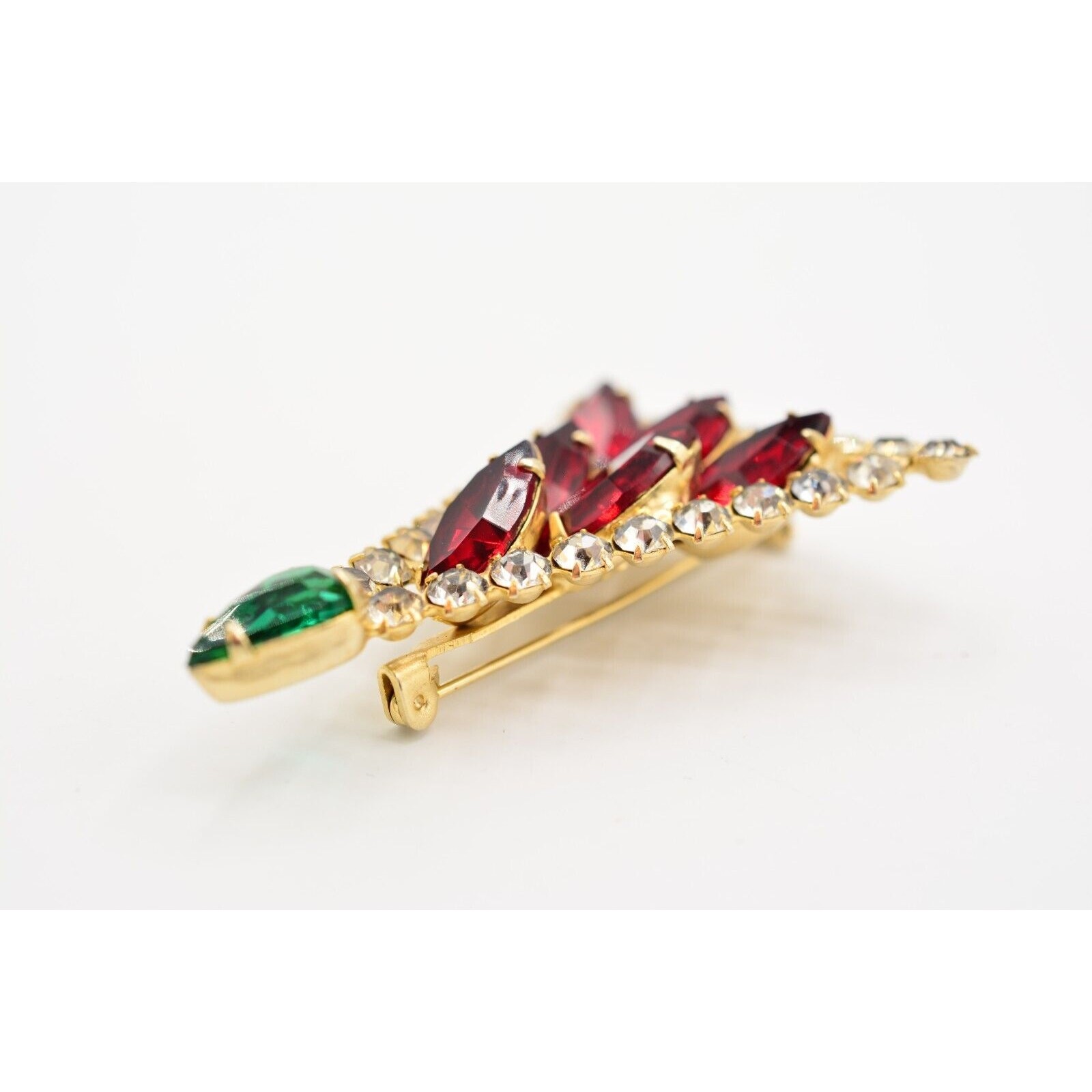 Vintage Crystal Christmas Tree Brooch Gold Green Red Marquise Rhinestone BinB