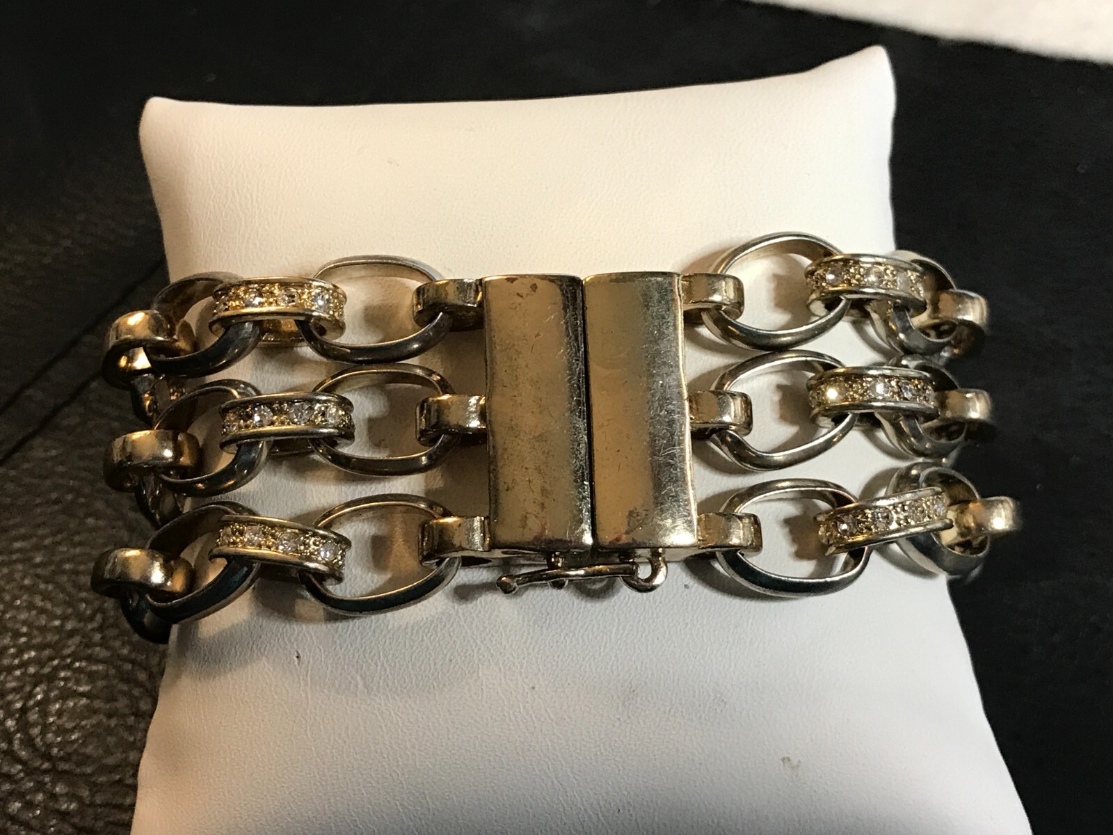 Vintage 2-Tone 3-Strand Bracelet w/ Rhinestone Links & Magnetic Clasp w/ Safety
