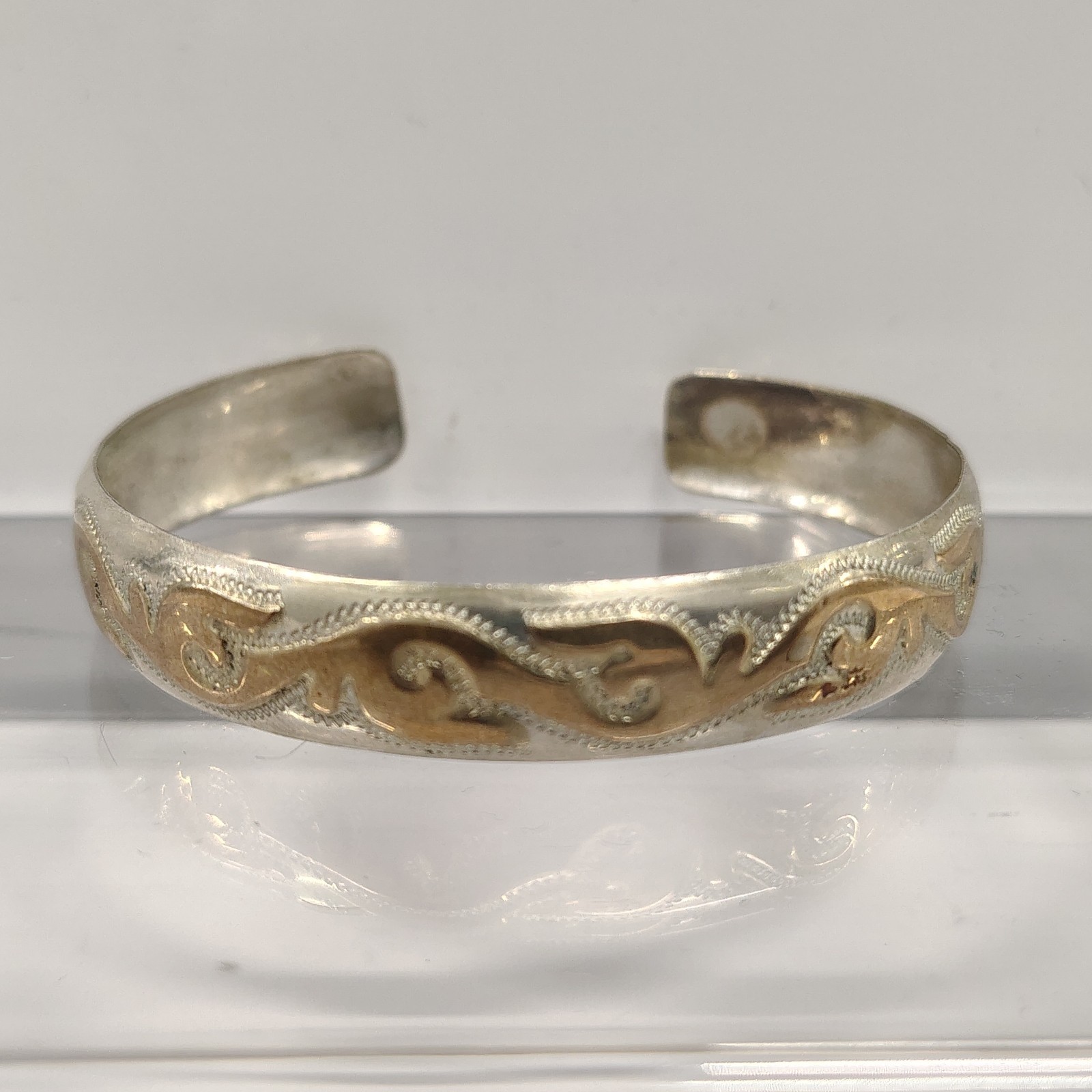 Vintage 925 Sterling Silver Gold Tone Scroll Wave Cuff Bracelet Textured 12.09g