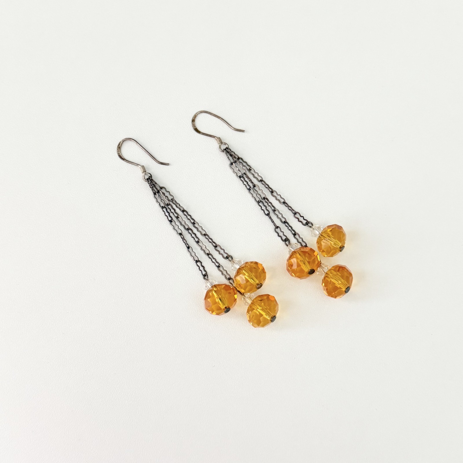 Vintage 925 Sterling Silver Antique Orange Crystal Chandelier Dangle Earrings