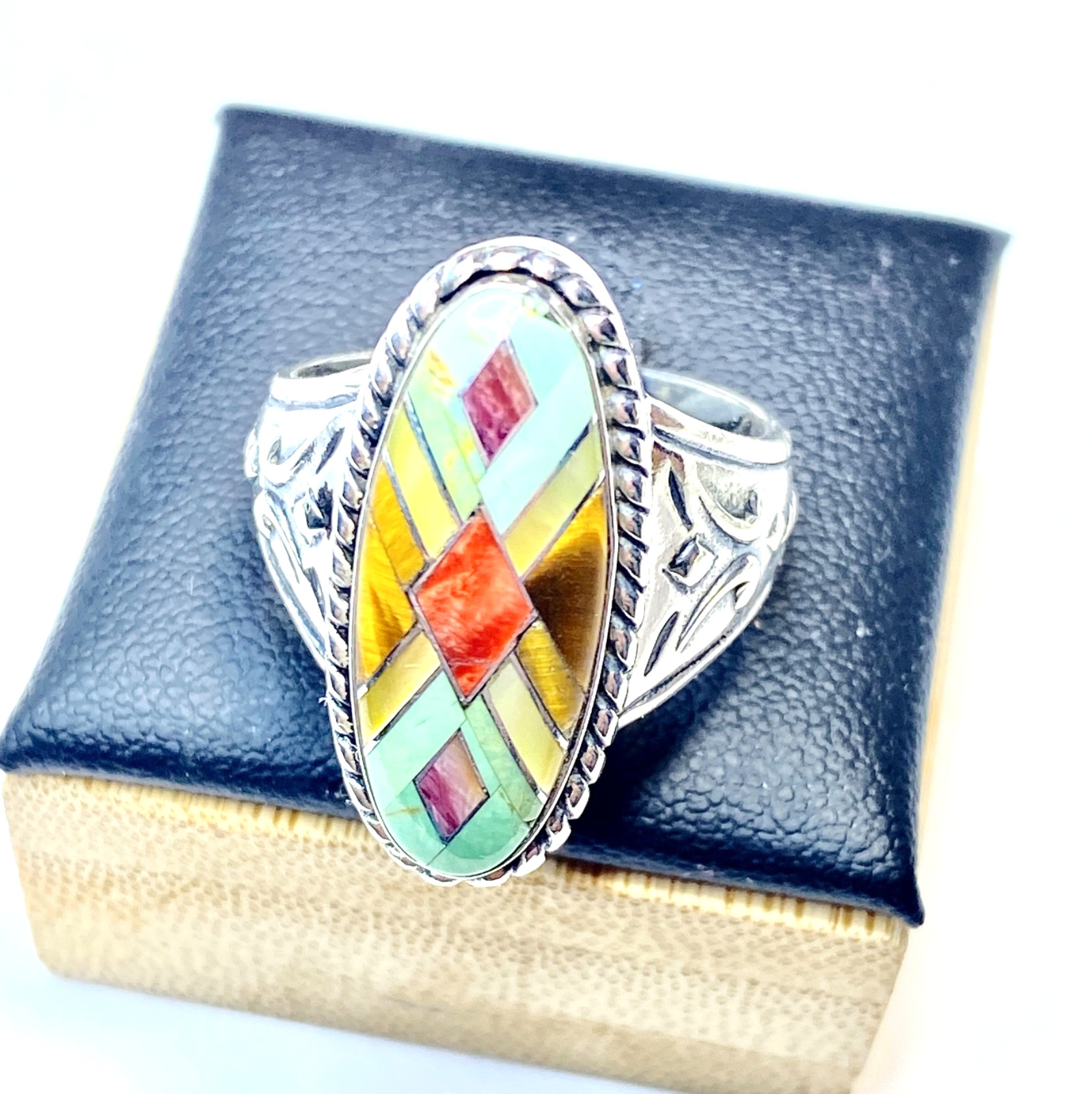 Vintage Carolyn Pollack Relios Sterling Silver Multi-gem inlay Ring Size 8 1/4