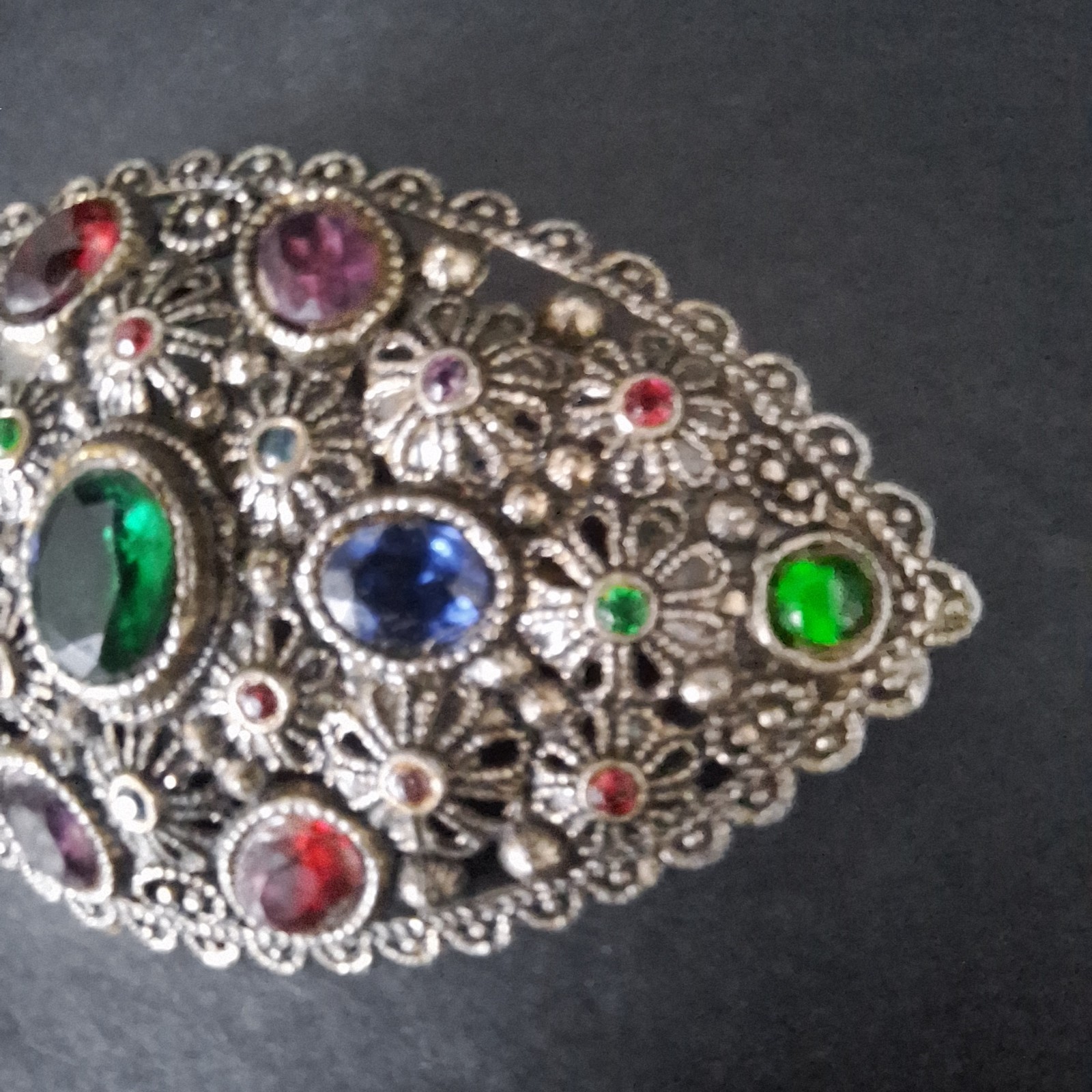 New England Glass Works Brooch Silver Tone Floral Filigree Czech Rhinestones VTG