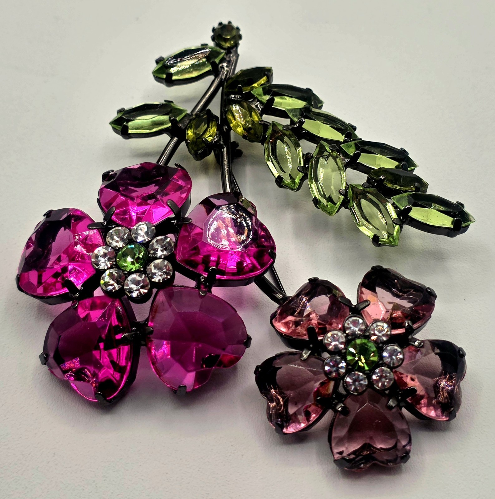 Double Flower Pink And Green Lucite Brooch, Black (Japaned) Colored Metal