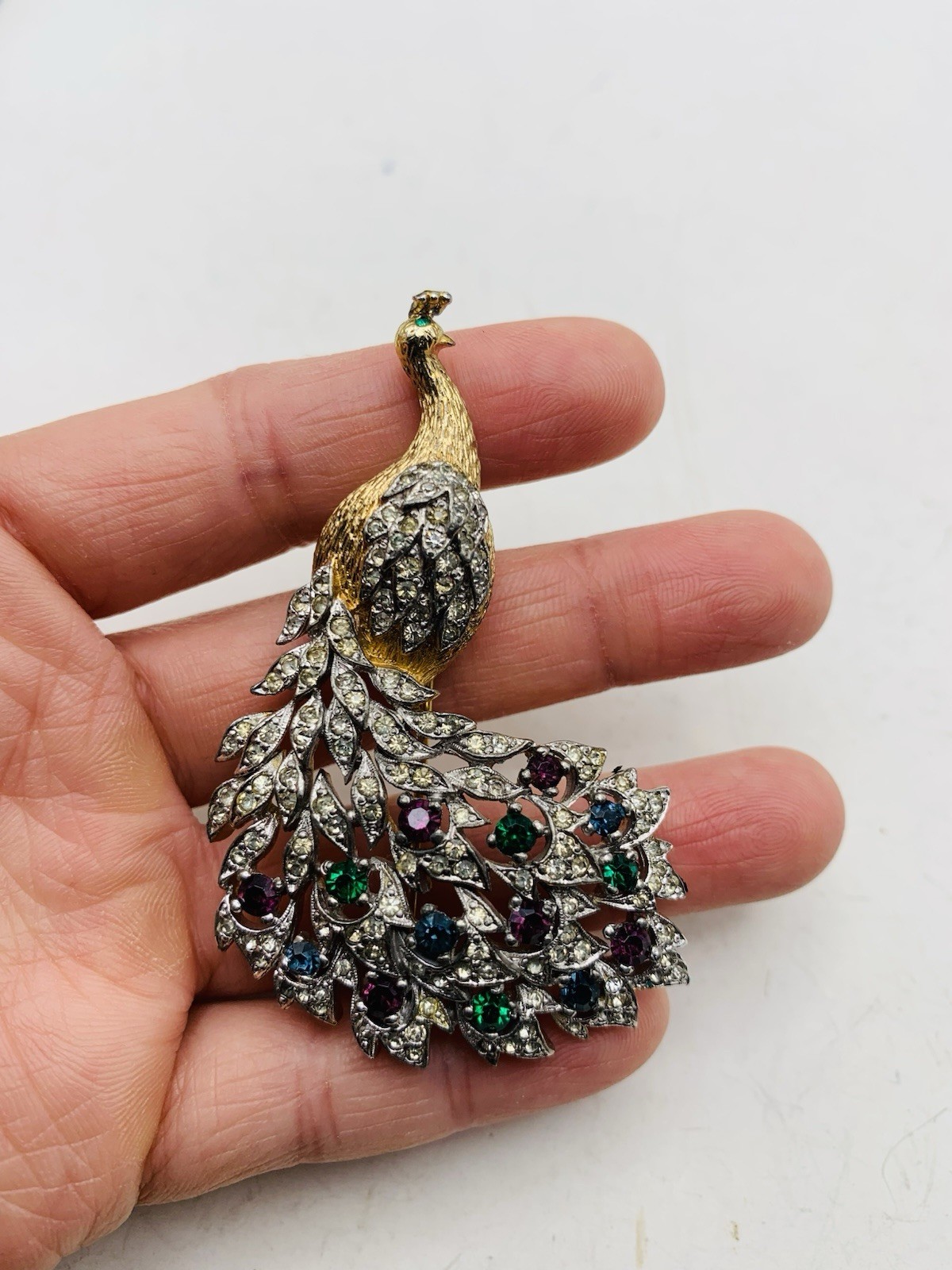 Vintage Signed Panetta Peacock Bird Crystal Gold Tone Blue Purple Green Brooch