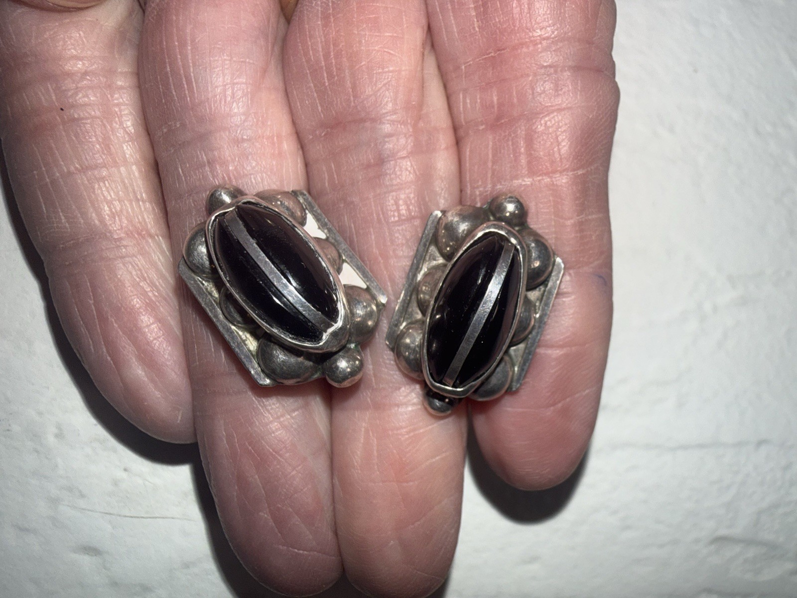 vintage RETRO 1940’s STERLING silver BLACK onyx SPRATLING era PEIRCED earrings