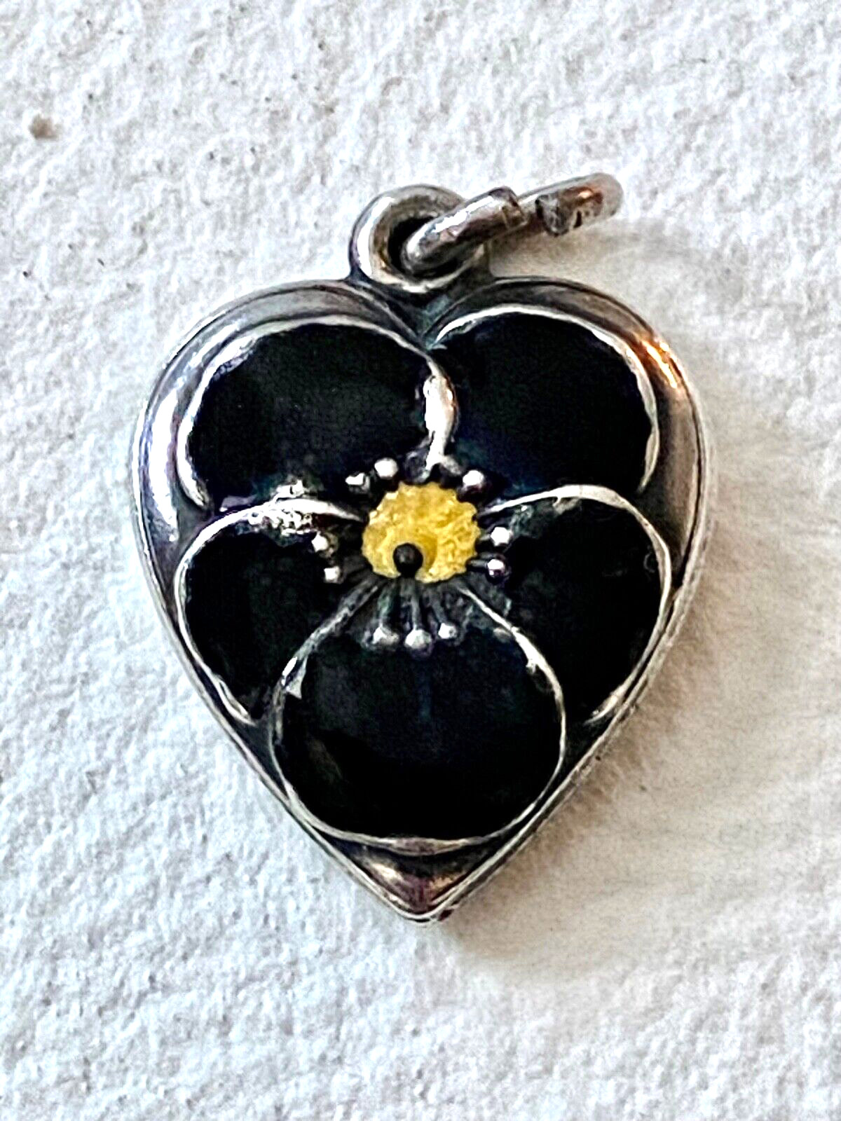 Antique Sterling Silver Puffy Heart Charm Black Enamel Mourning Pansy Flower