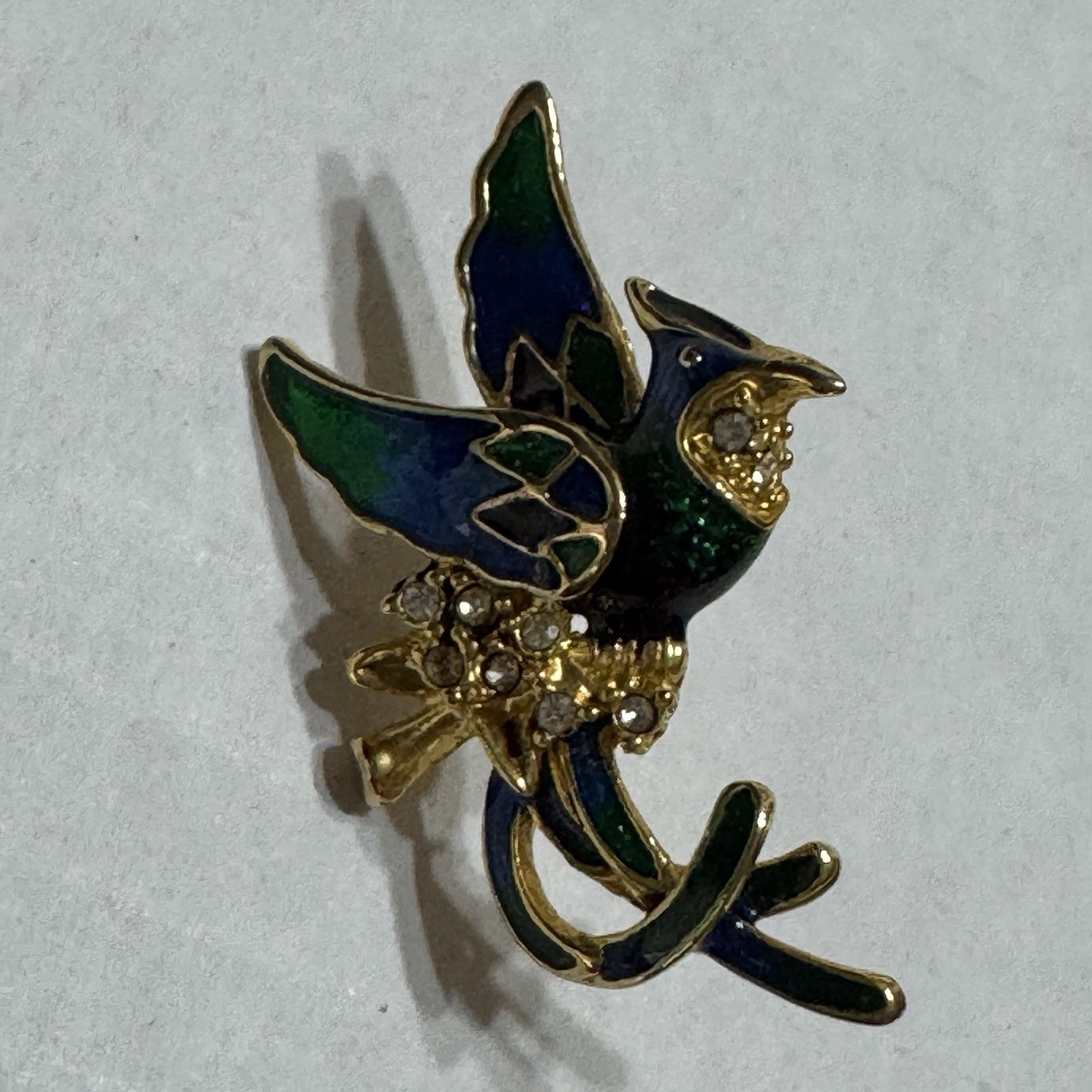 Vtg Enamel Hummingbird Pireced earrings Rhinestone Blue Green Large Stud Vivid