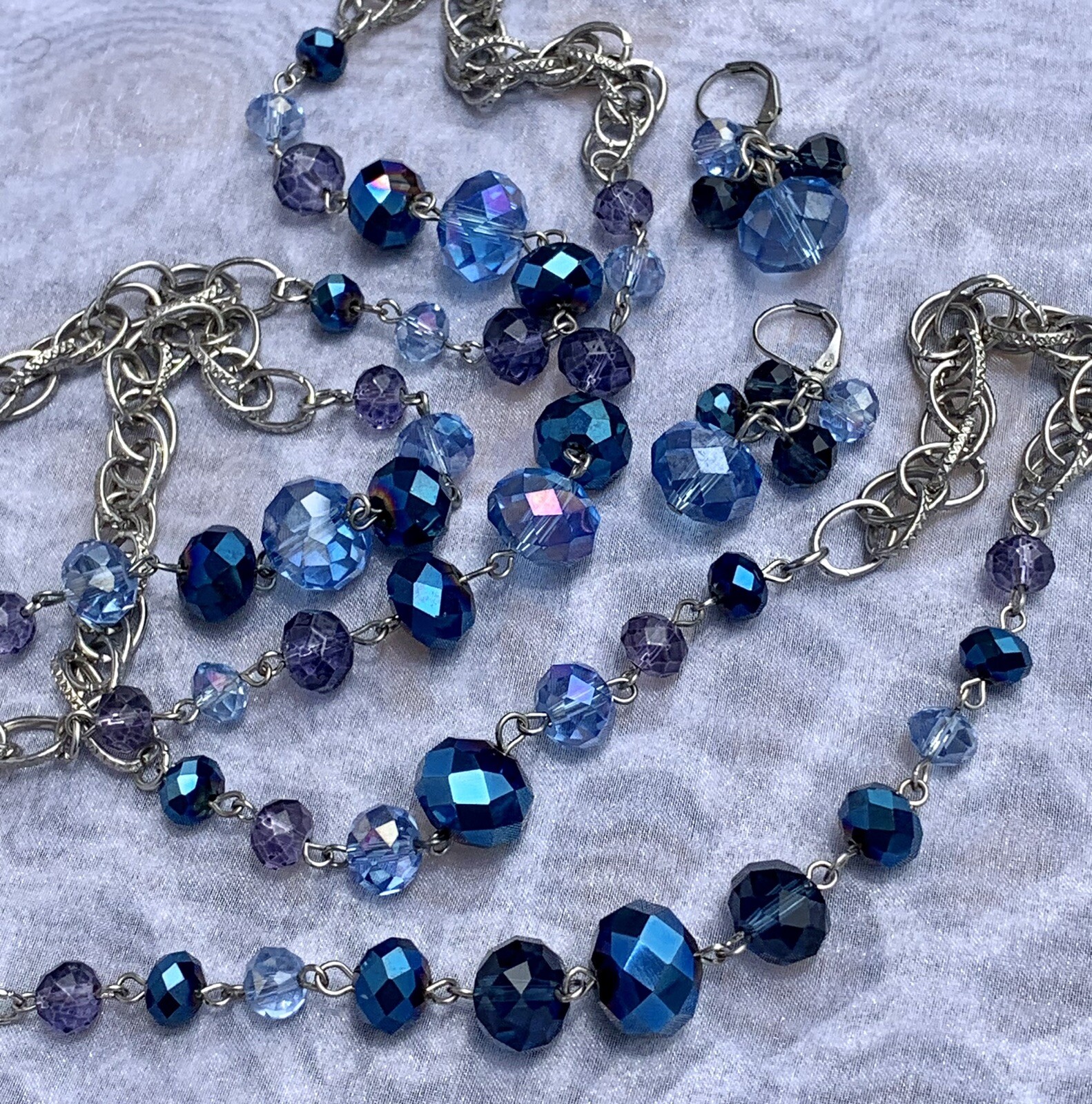 Vintage 70s Blue, Peacock & Purple Aurora Borealis Crystal Necklace Earrings Set