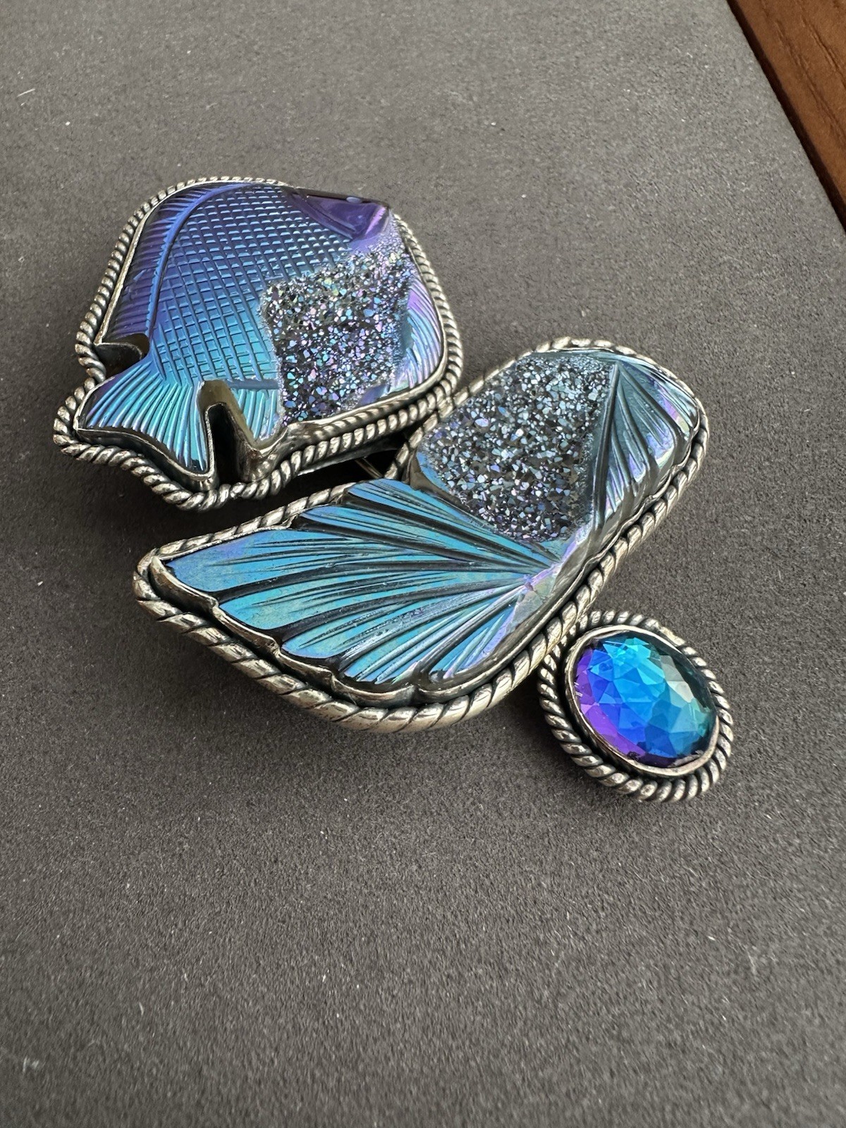 Amy Kahn Russell Ring Sterling Blue Druzy Fish Quartz Carved 925 Brooch/Pin