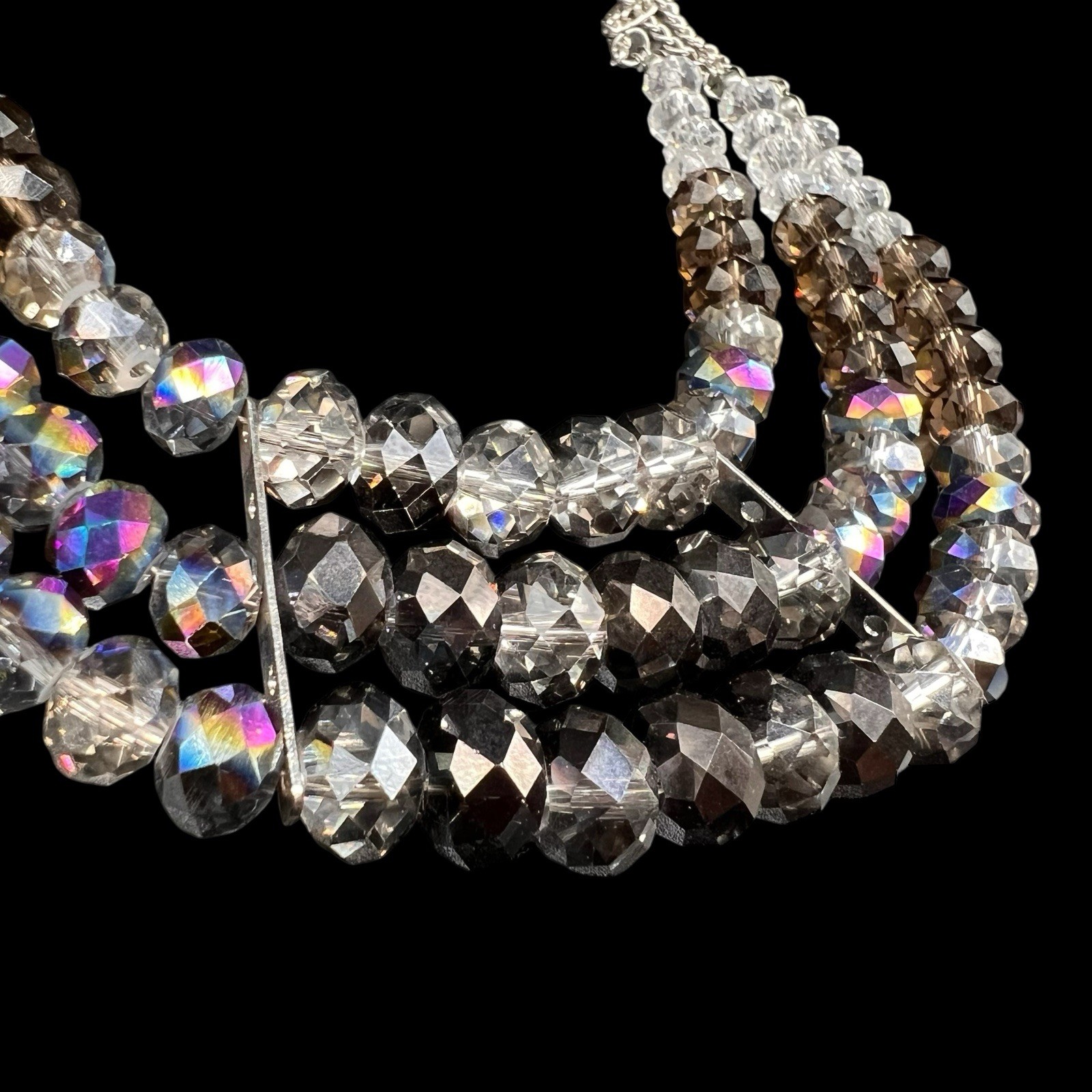 3 Strand Beaded Crystal Necklace Faceted AB Graduating Lustrous Brown Clear