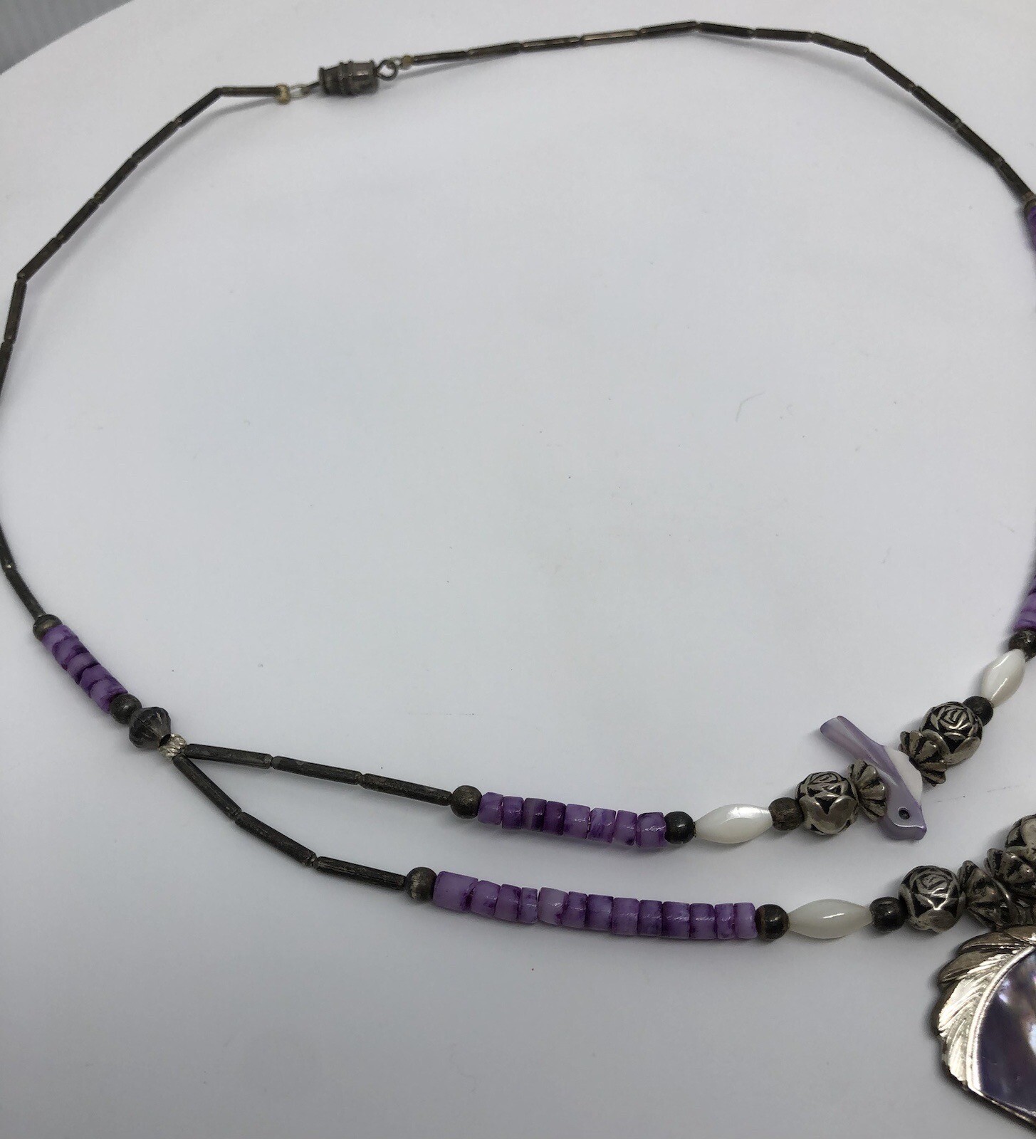 Equestrian Horse Necklace Purple Pony Pendant Silver Roses Beaded Bird 16”