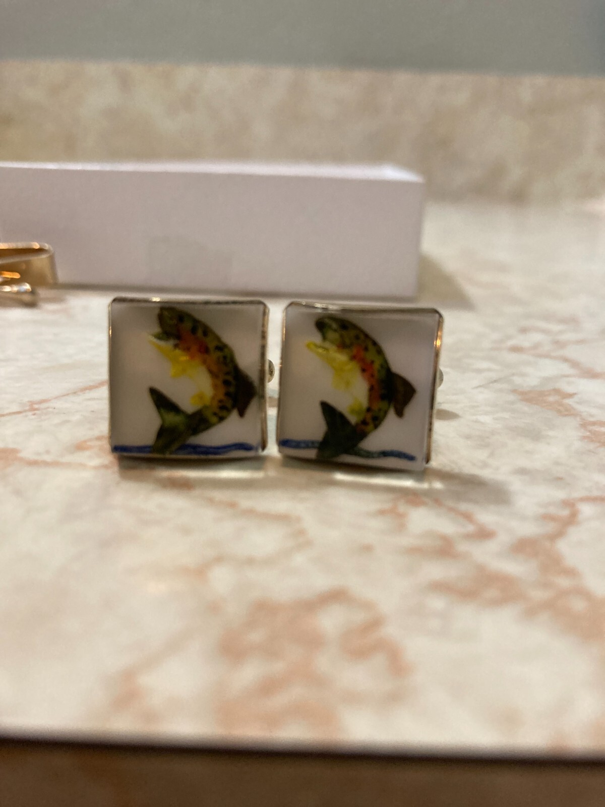 Vintage Gold Tone Alligator Tie Clip Bar With Matching Cuff Links TROUT PIC