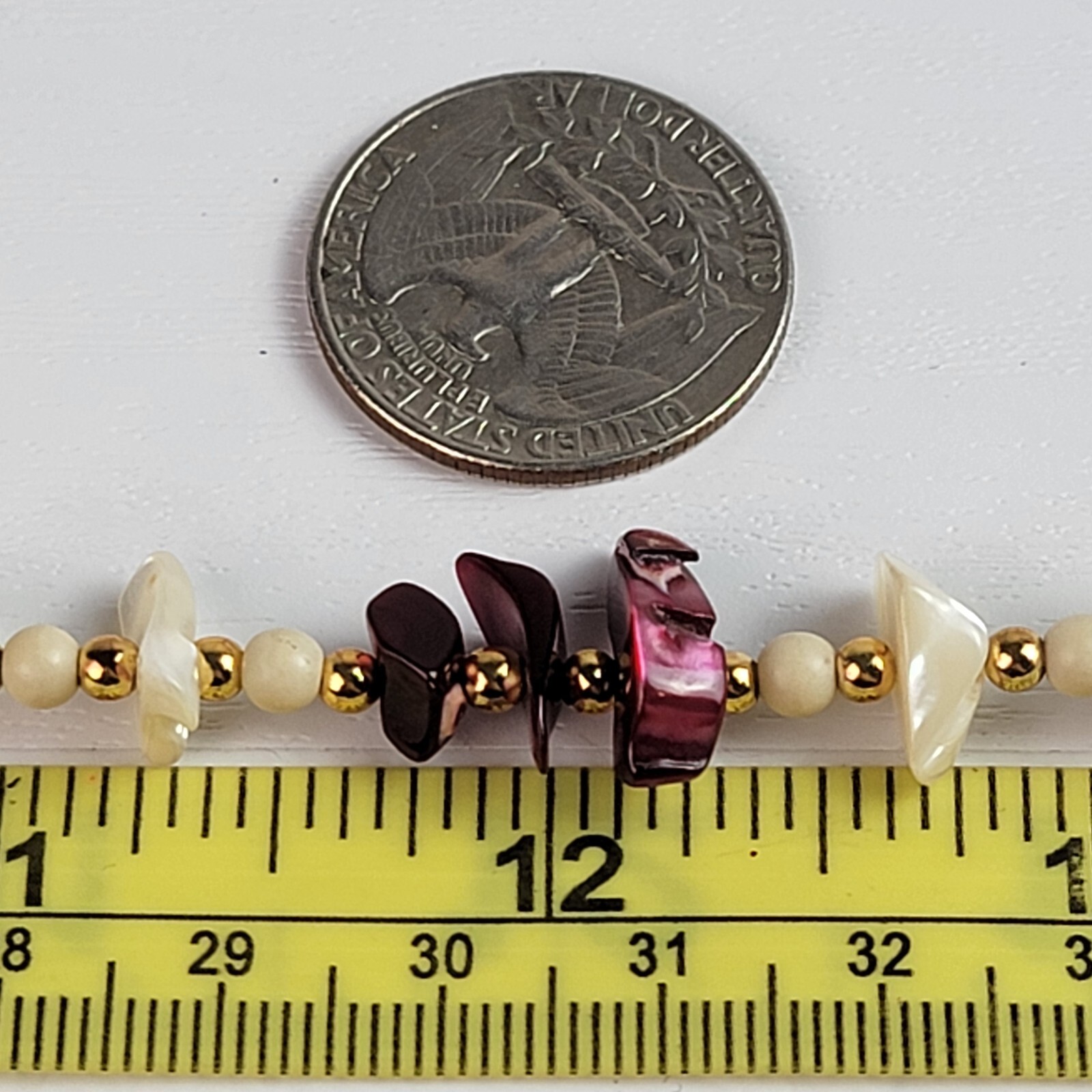 Gold-Tone Red Garnet And Mother Of Pearl Chip Beaded Necklace Cream Red 23.5 In