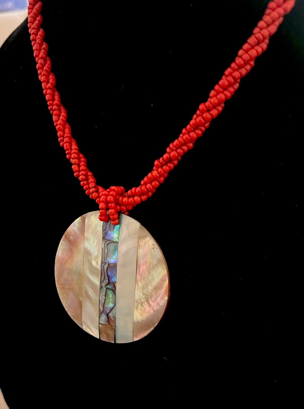 Vintage Abalone Shell Coral Seed Beaded Twist Pendant Disc Statement Necklace