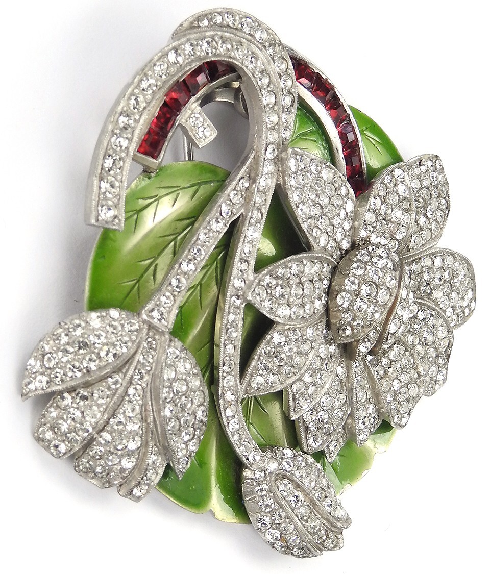 Dujay Pave Metallic Enamel Flowers Invisibly Set Ruby Stem Floral Spray Pin Clip