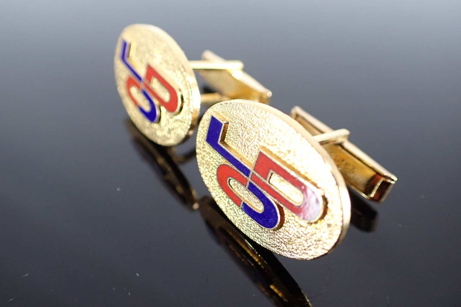 Vintage Gold Tone Red Blue Enamel LDO Initial Cufflinks Oval Textured Design