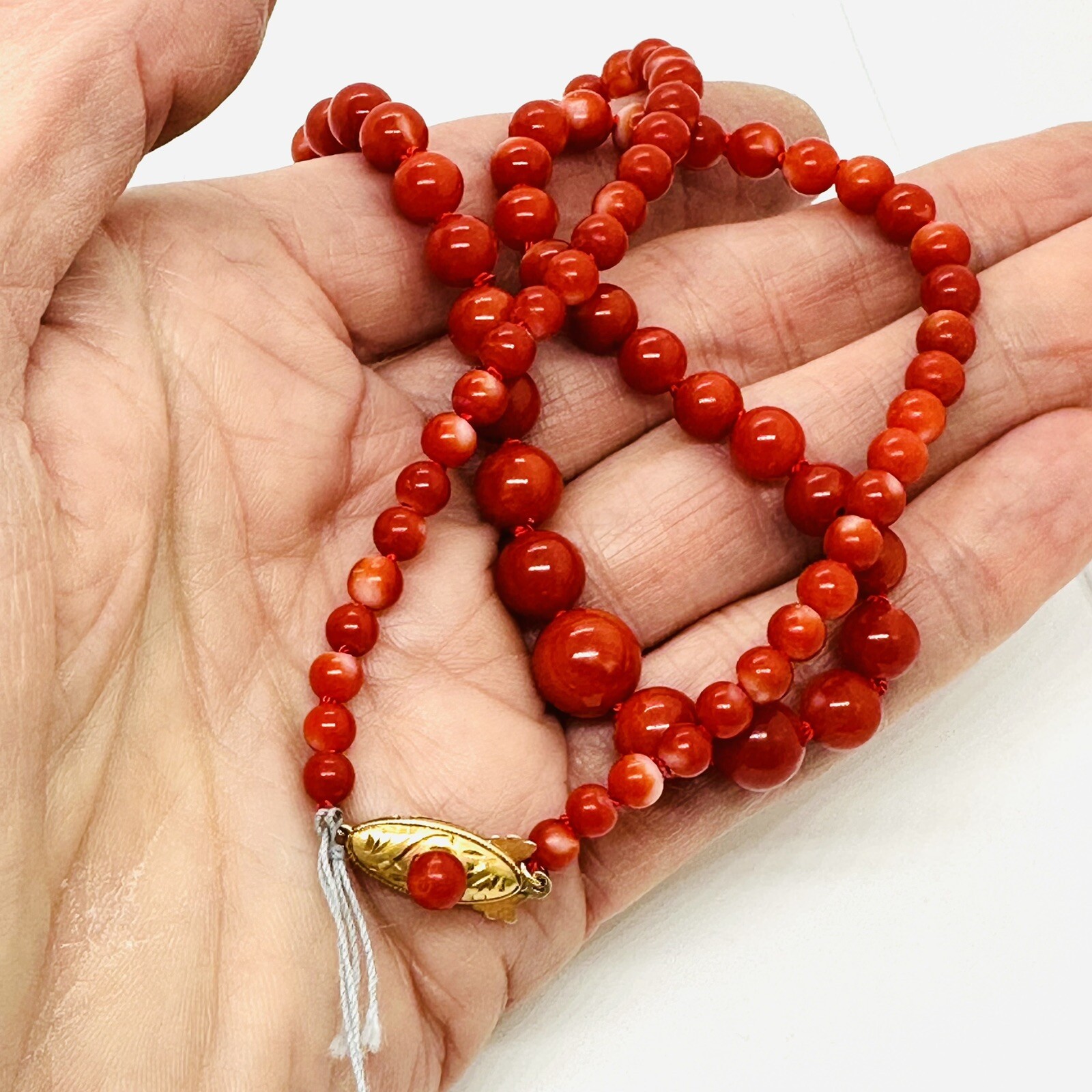 Natural Red Coral 9 mm x 4 mm Strand 18k Yellow Gold Necklace 17.5″