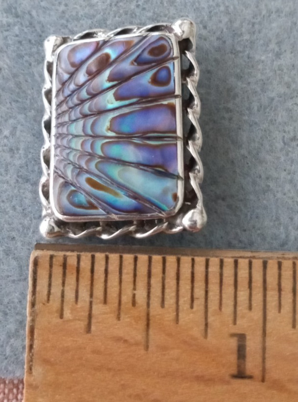 ANTIQUE Abalone Paua Shell Sterling Silver Twisted Bezel Set Brooch Pin
