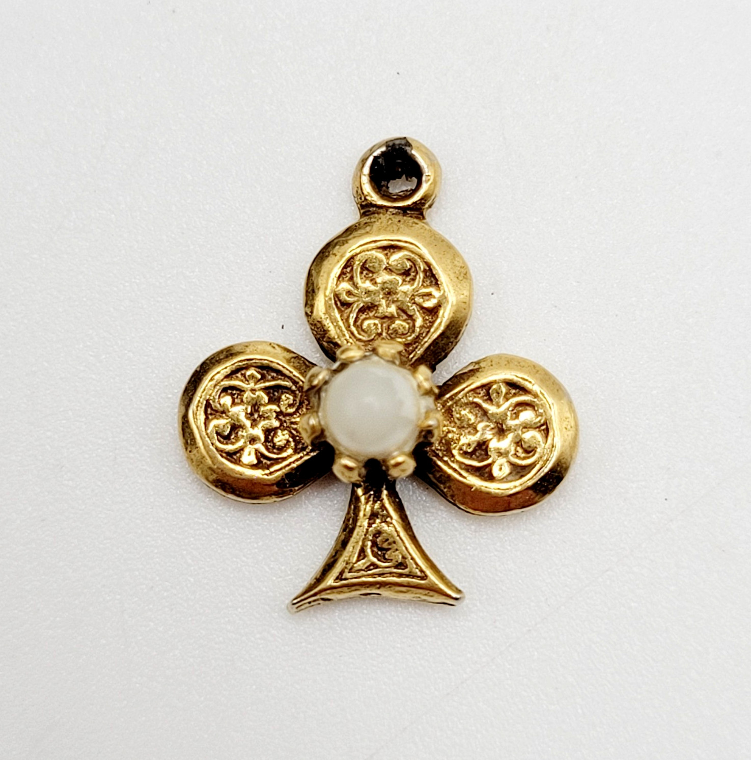 Clover Trefoil Shape Baroque Revival Vintage Gold Tone Faux Pearl Charm Pendant