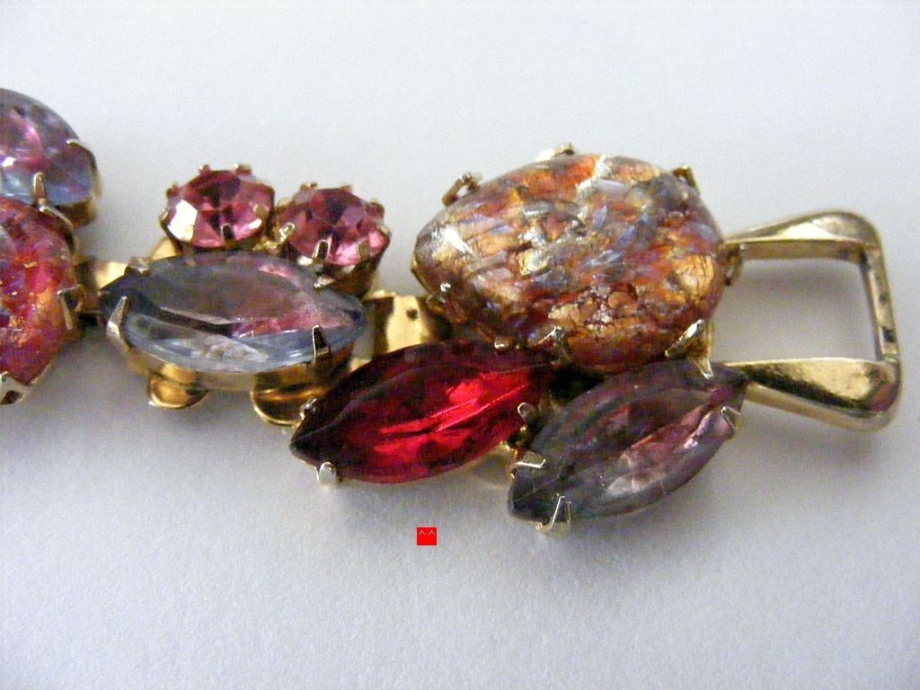 Vintage Bracelet Ornate Confetti & Rhinestones Pink, Red, Lt Purple Prong Set