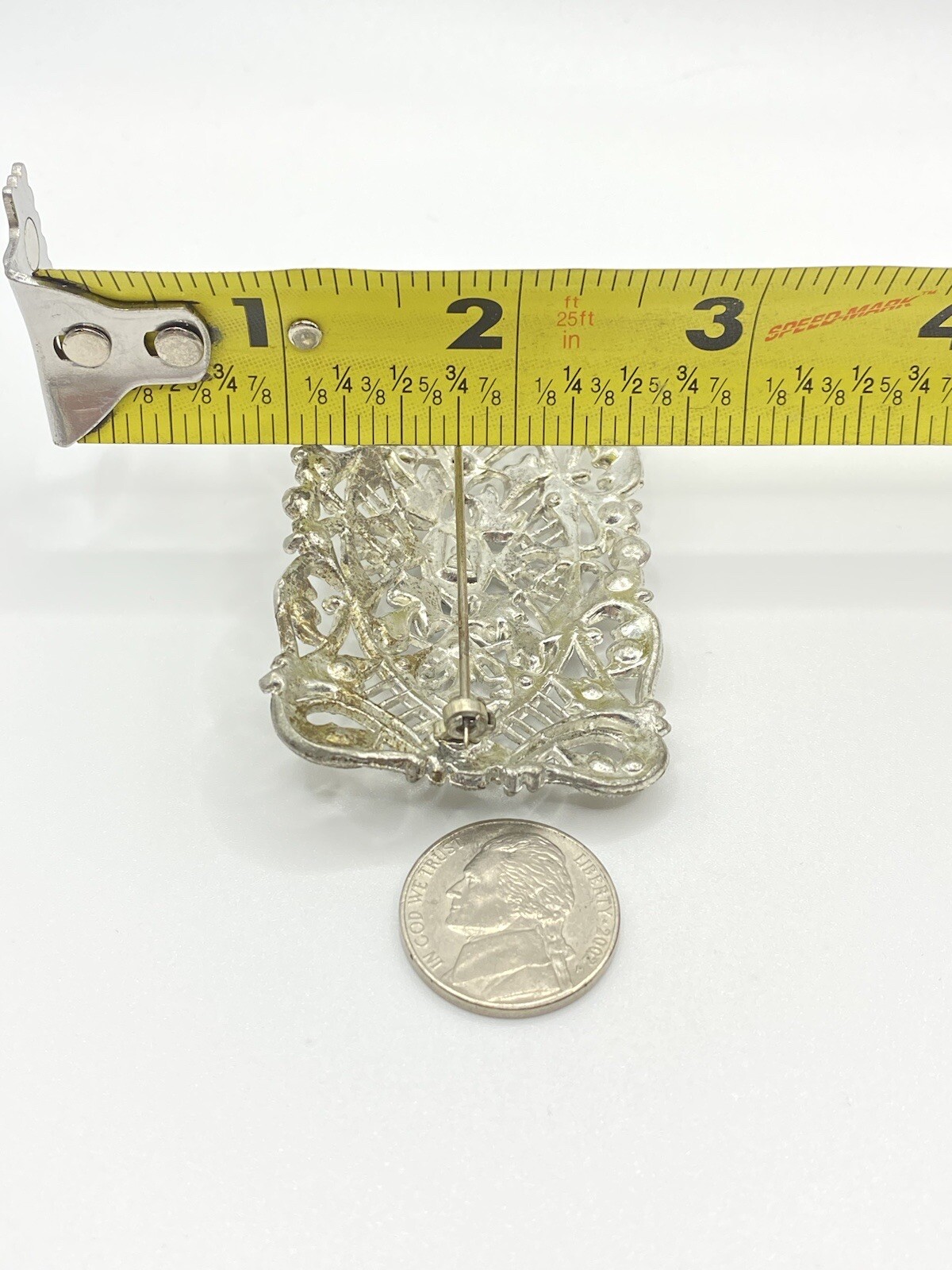 New England Glass Works Silver Rhinestone Filagree Brooch 2”