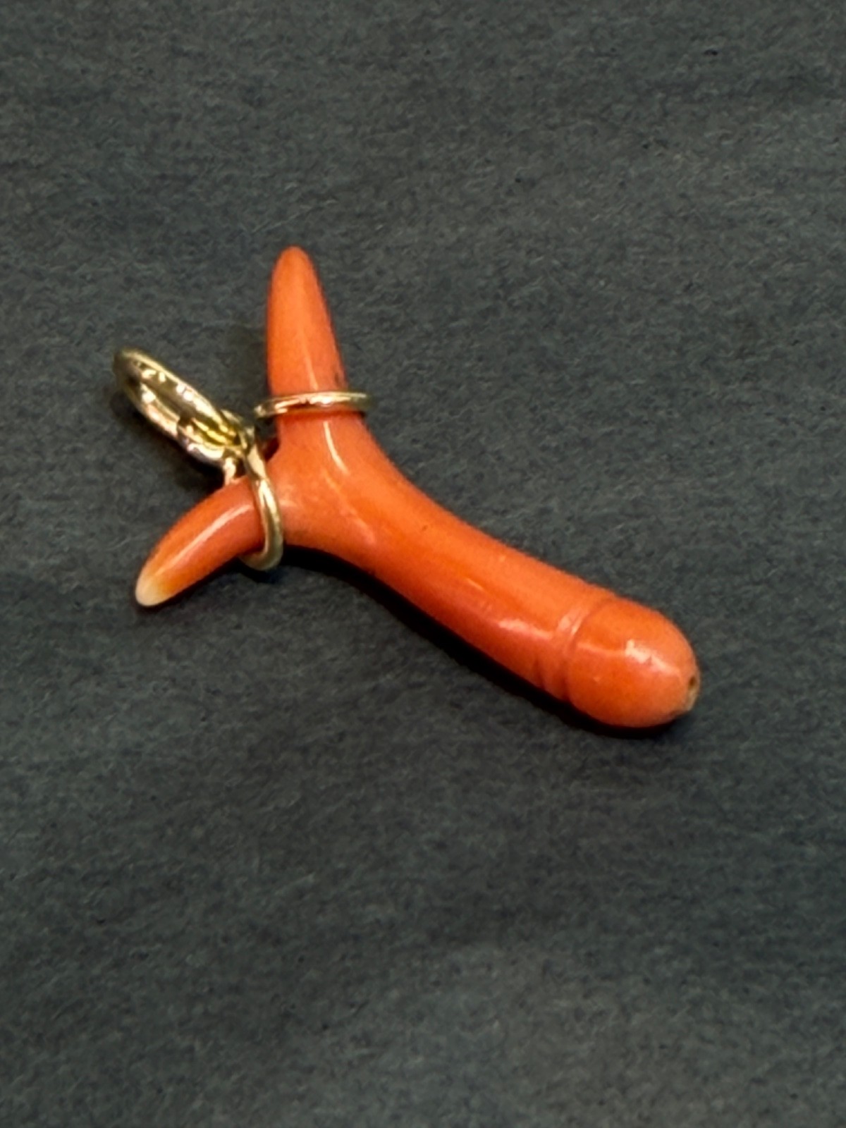 19c. Victorian 14k Gold Red Undyed Coral Phallus Fertility Amulet Fob Pendant