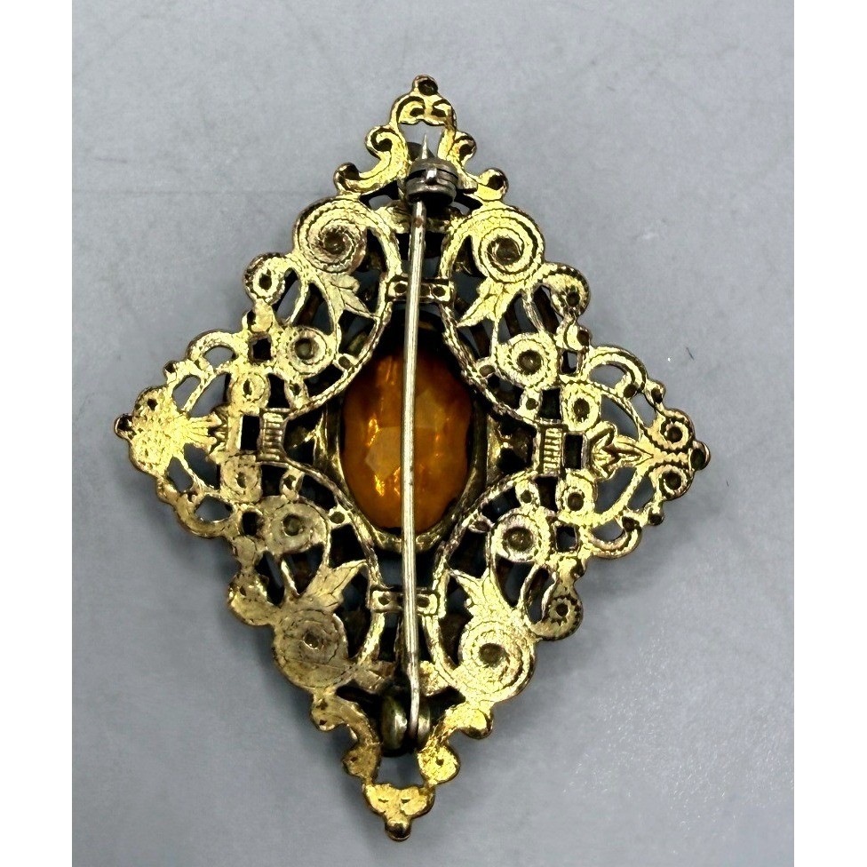 Vintage Brass Filigree Amber Glass Floral Brooch Victorian Revival Pin