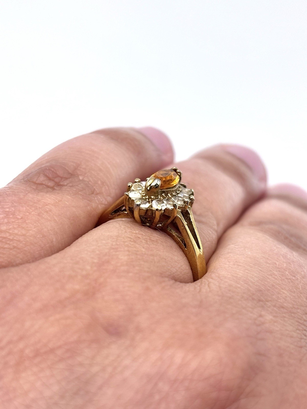 Vintage Gold Plated Citrine And CZ Halo Ring Size 8.75