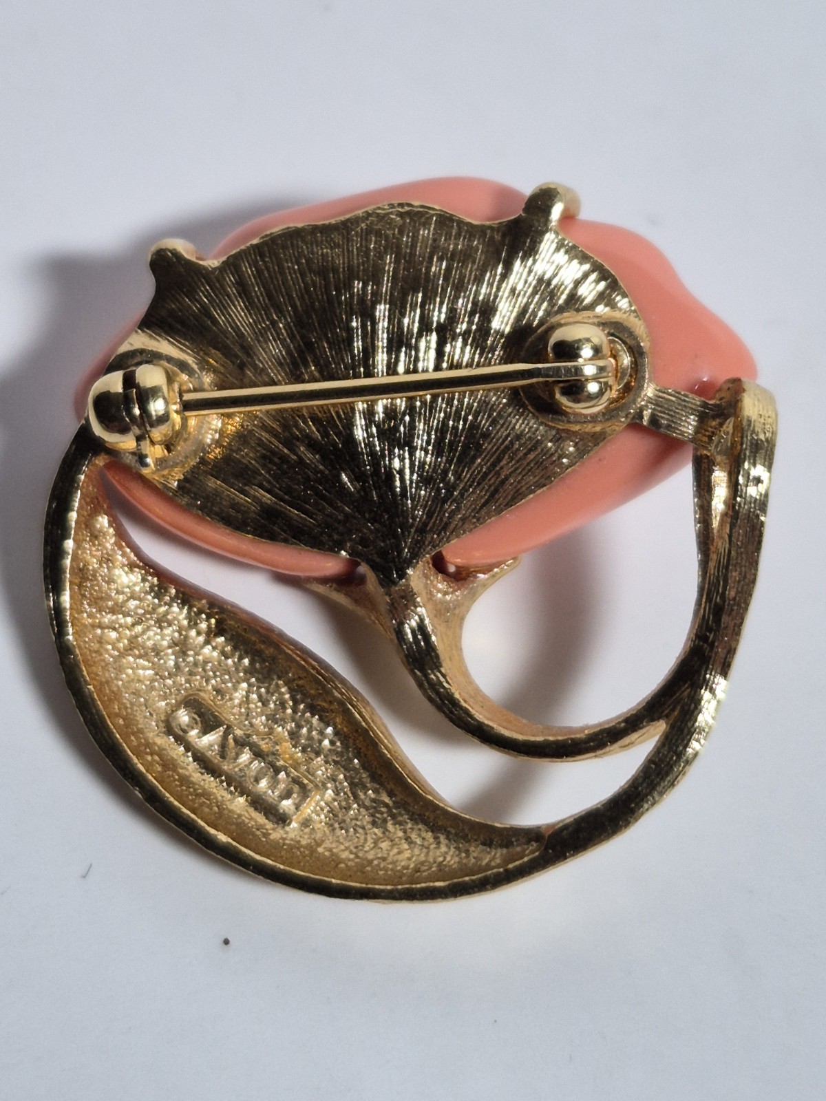Vintage Avon Coral Poppy Flower Brooch Pin Gold Tone Scarf