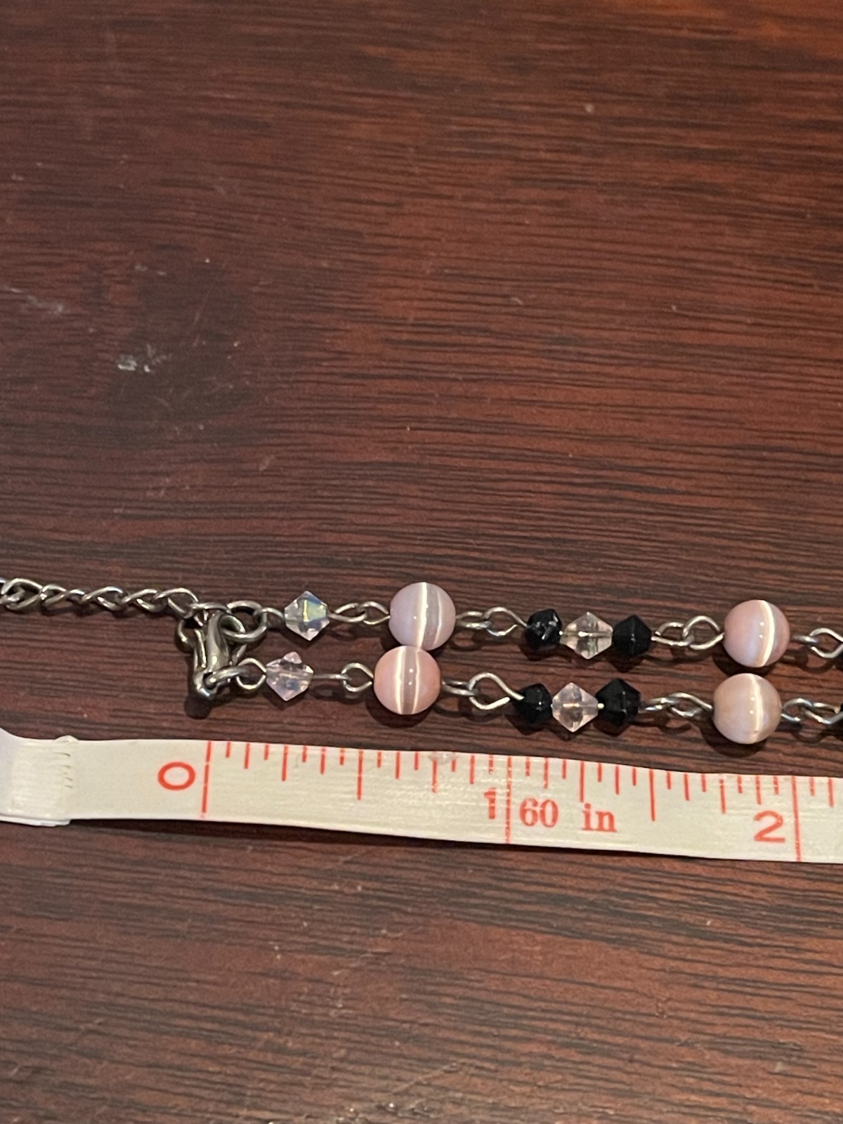Vtg Choker Necklace With CARVED ROSE QUARTZ Pendant Faceted Black and AB Beads