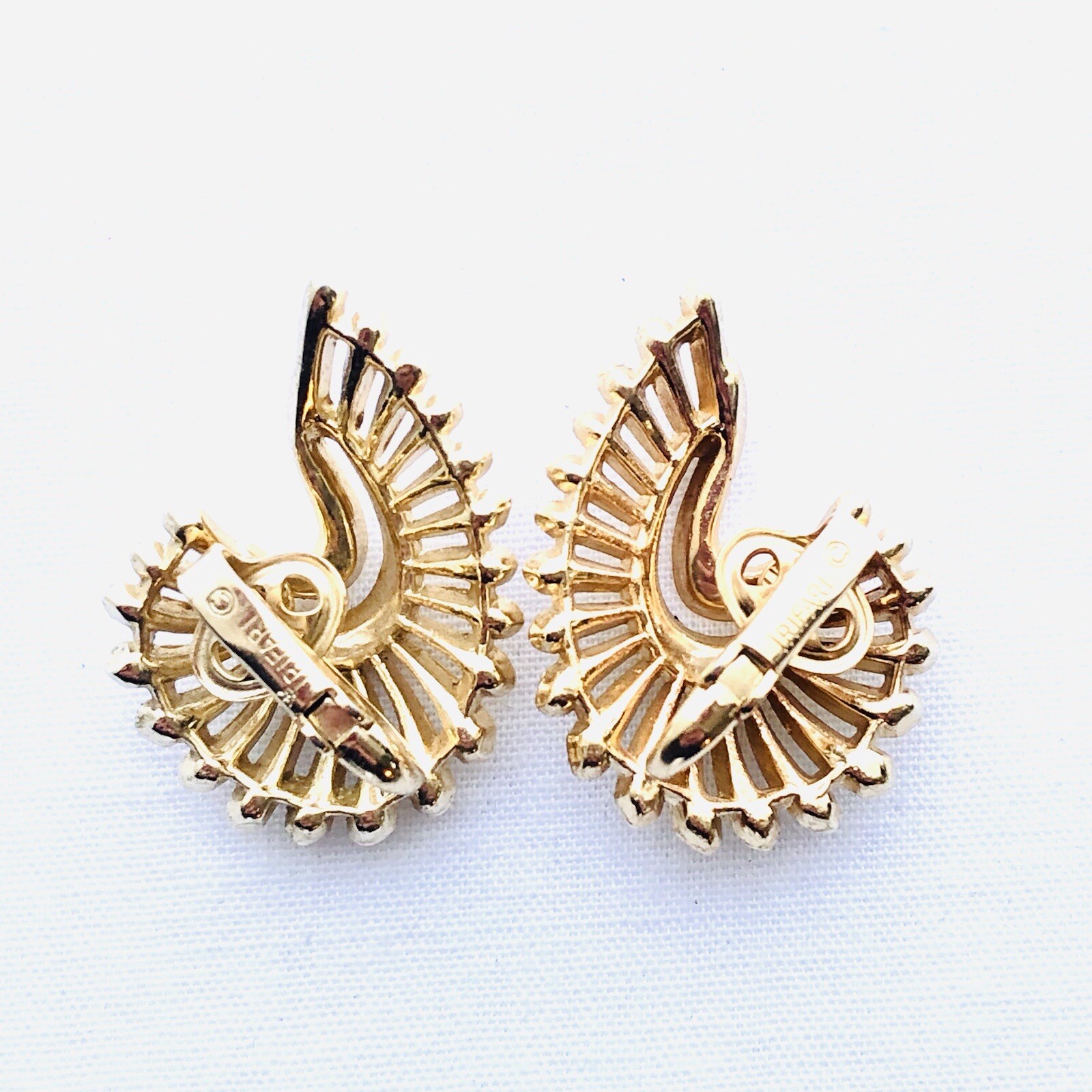 Crown Trifari Atomic Clip On Earrings Signed Vintage Abstract Modernist Jewelry
