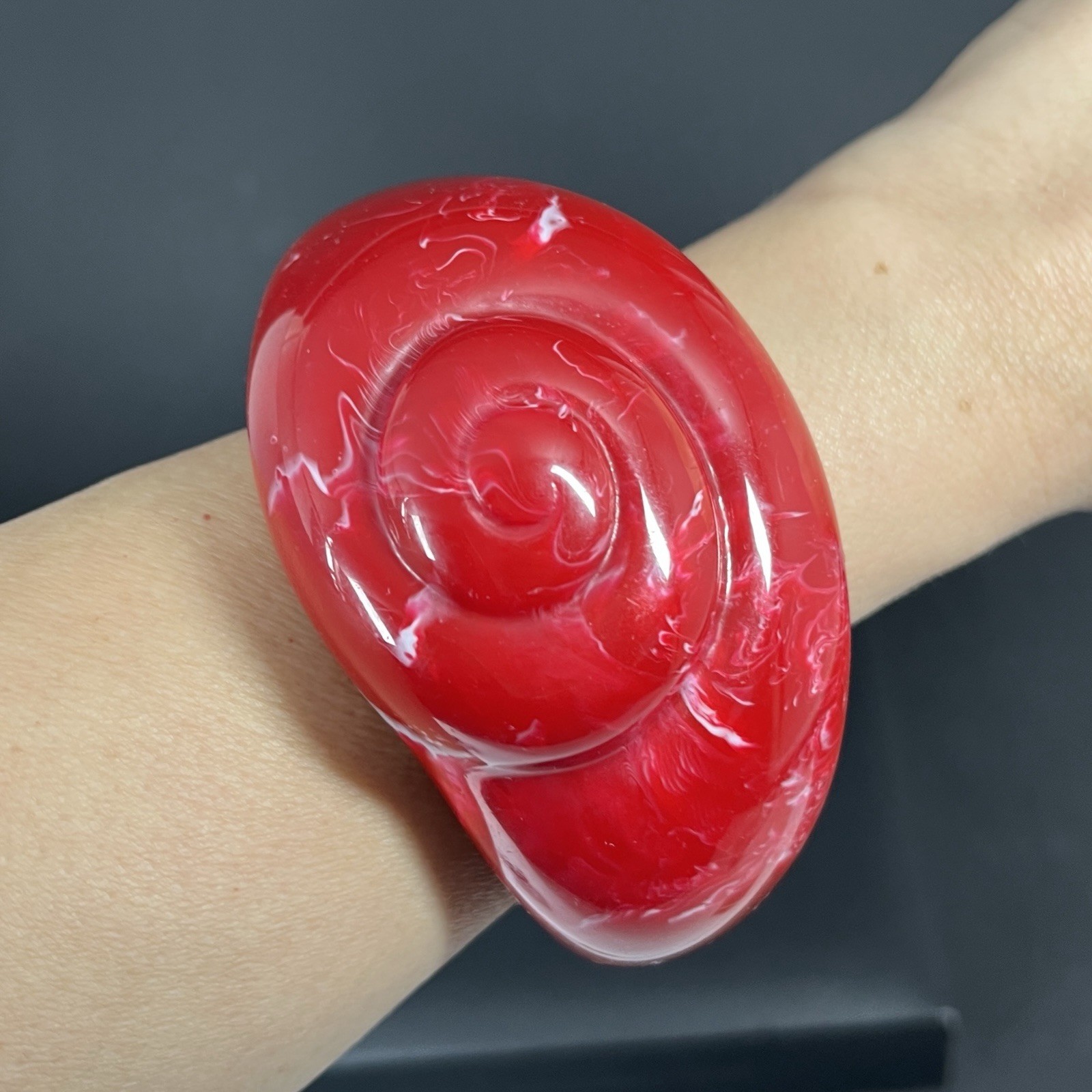 Red Lucite Cuff Bracelet Wide Chunky Statement Spiral Nautilus Shell Modernist