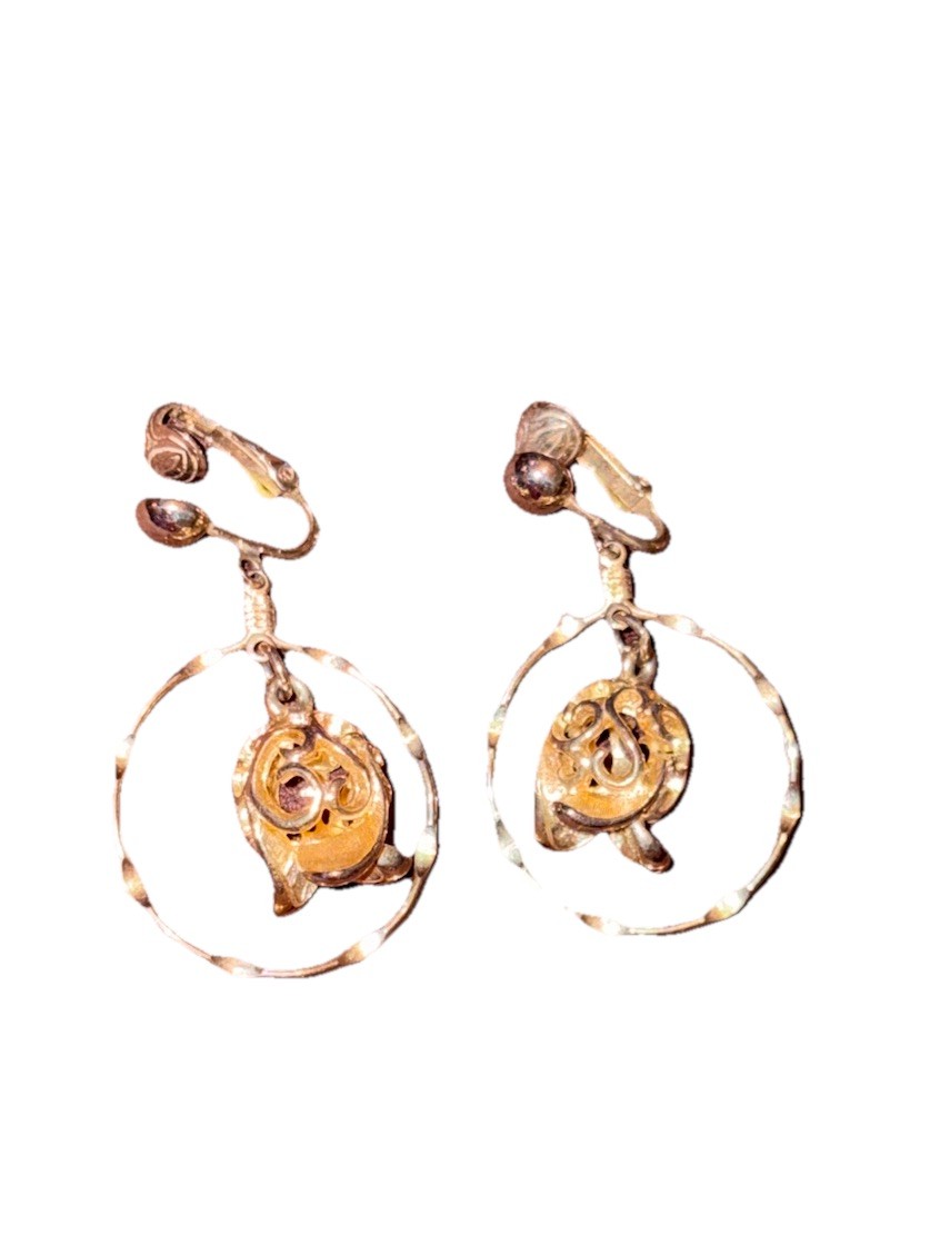Vintage Sarah Coventry Golden Tulip Gold Tone Clip On Dangle Hoop Earrings