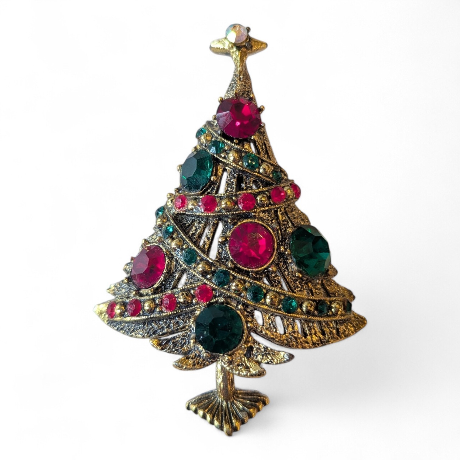 Vintage Hollycraft Christmas tree red green Stone brooch pin collectible jewelry