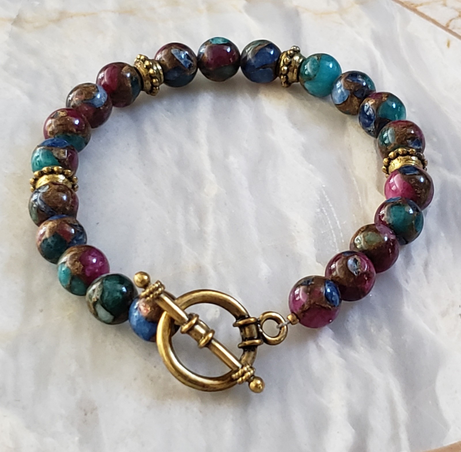 Vintage Gemstone Bead Gold Tone Spacers & Toggle Closure Bracelet 7¾