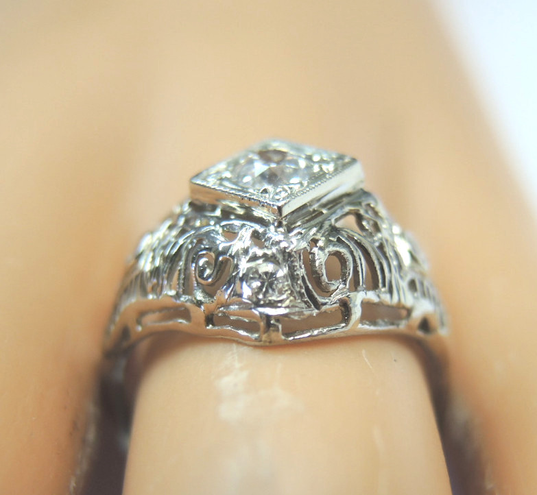 Antique Art Deco Diamond Engagement 18K White Gold Ring Size 5.75 EGL USA