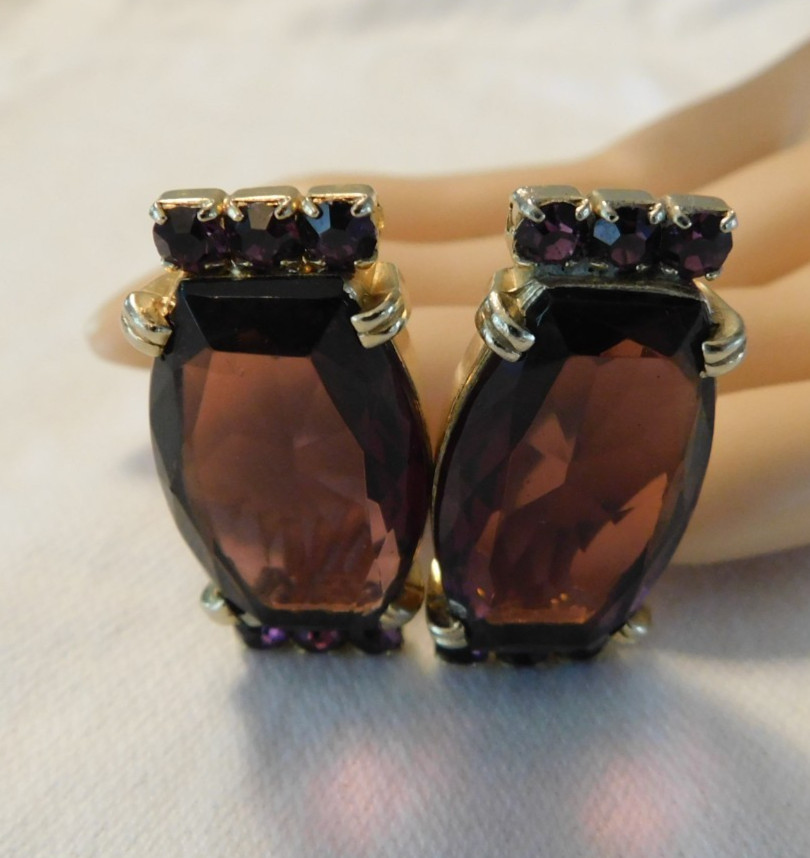 Purple Amethyst Faceted Glass Rhinestone Clip on Earrings