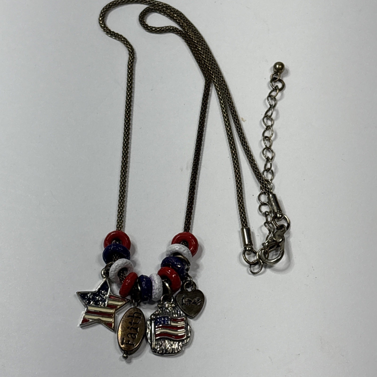 Patriotic Charm Necklace 4th of July Flag 18” Popcorn Chain Red White Blue