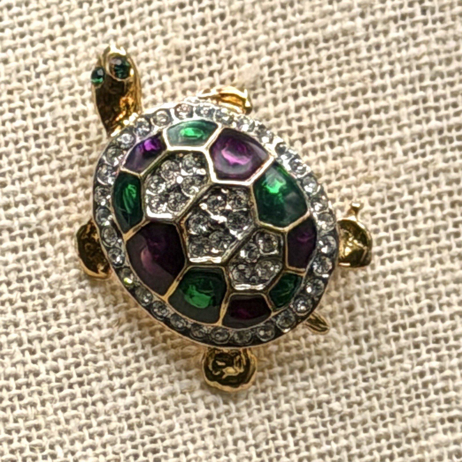 CRYSTAL TURTLE Tortoise Brooch Pin Gold Green Purple VINTAGE Green Eyes